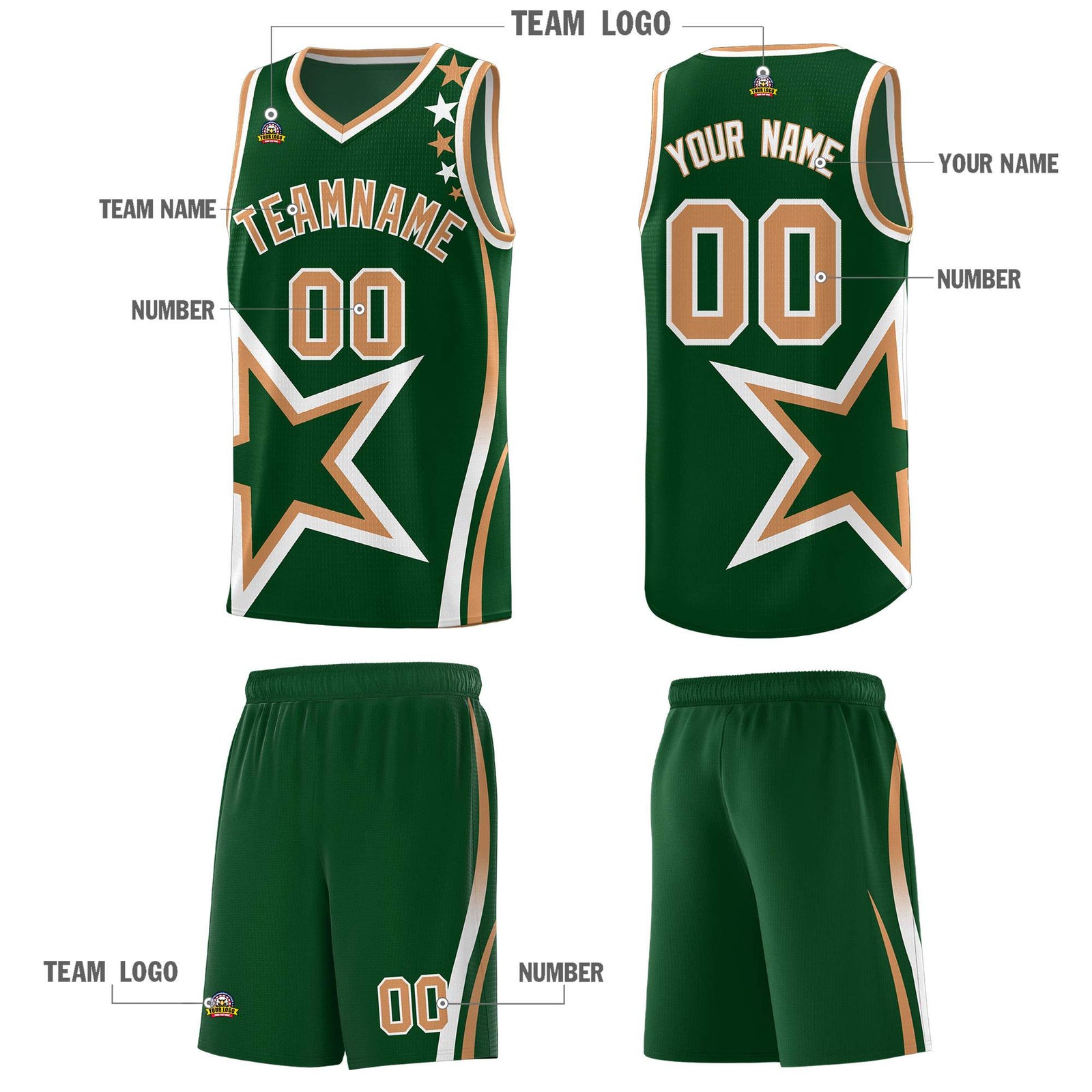 Custom Green Shoulder Stars Graffiti Pattern Sets Basketball Jersey