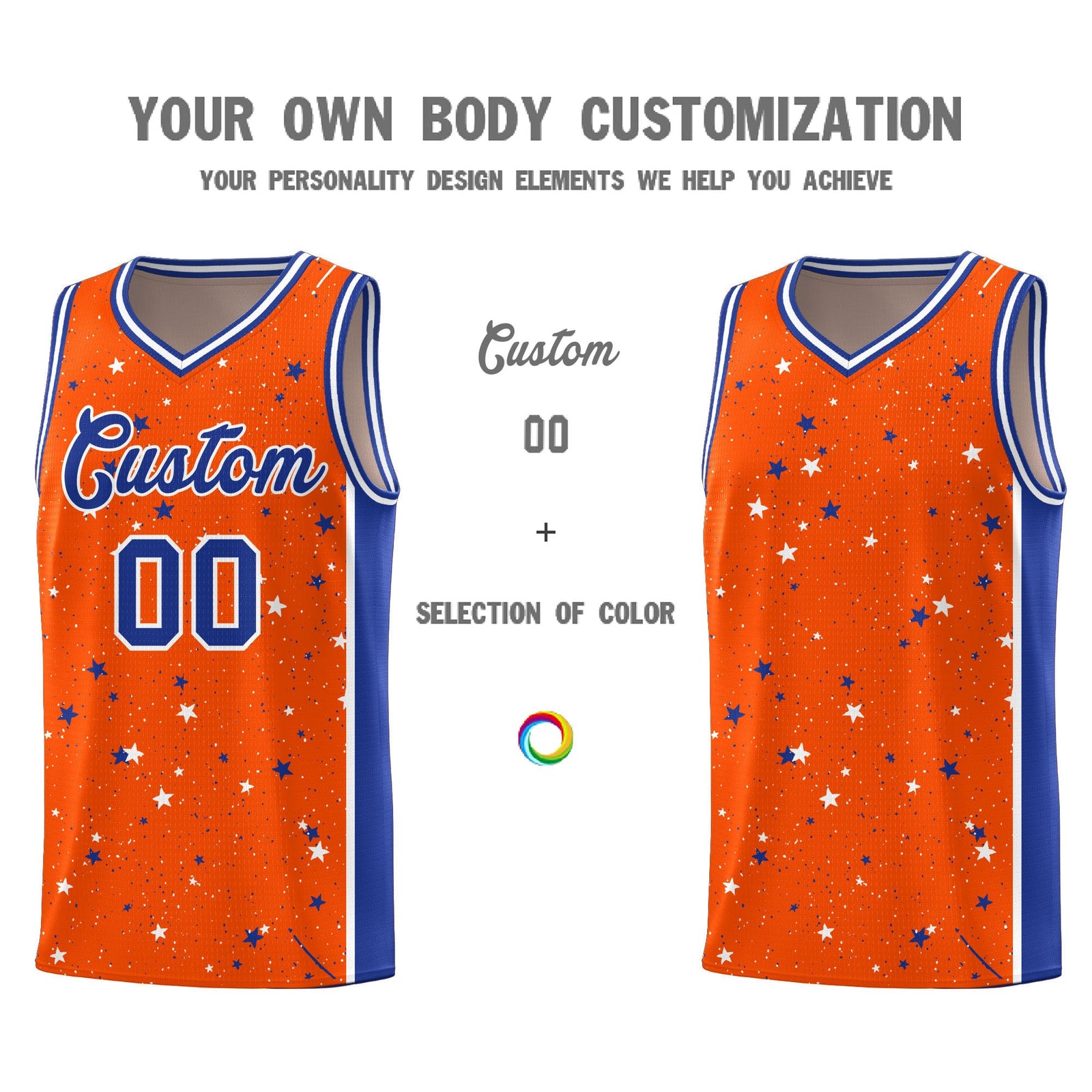 Custom Orange White Royal Blue Graffiti Pattern Star Basketball Jersey| KXKSHOP