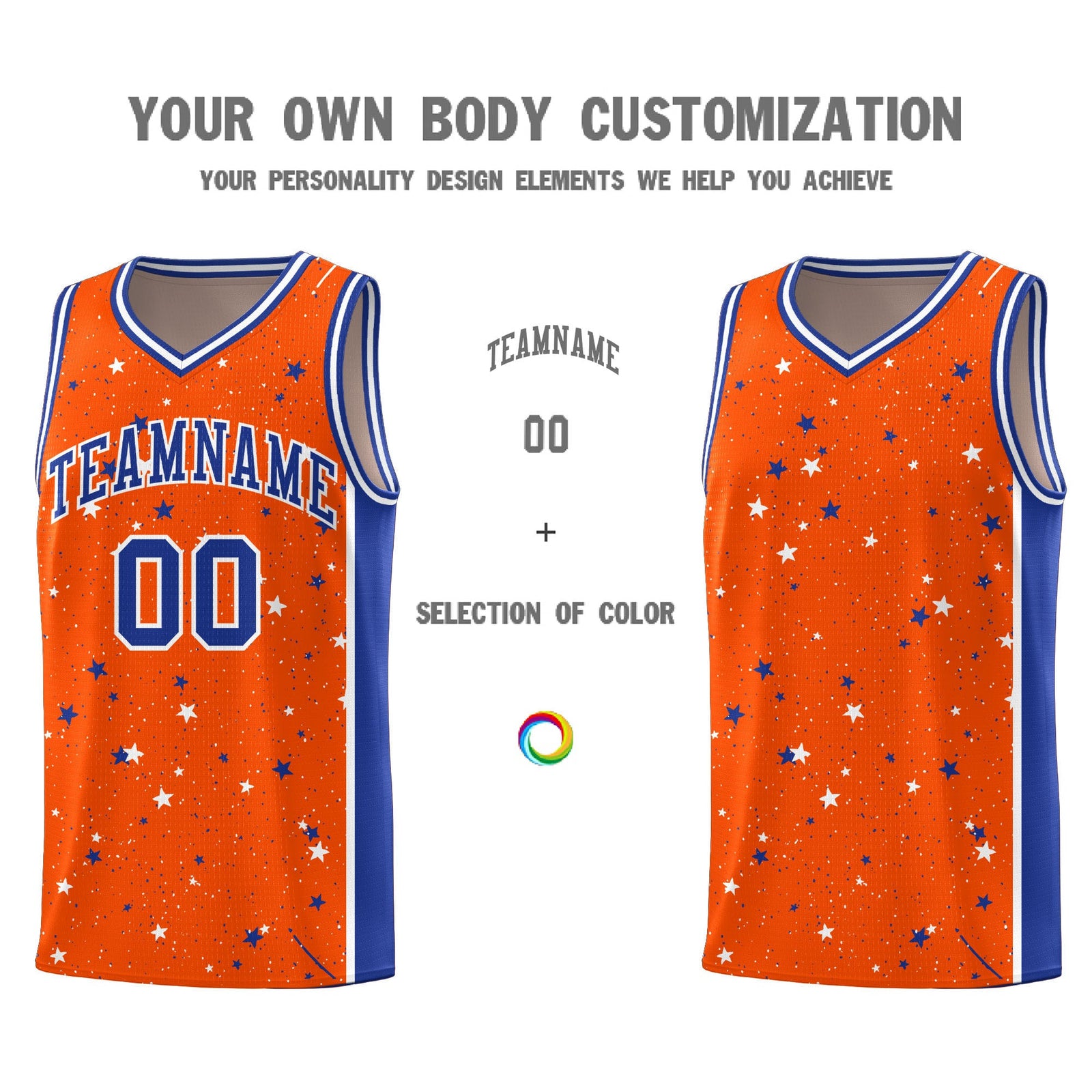 Custom Orange White Royal Blue Graffiti Pattern Star Basketball Jersey| KXKSHOP