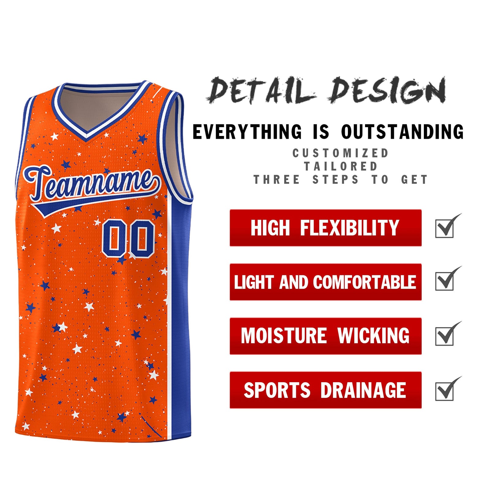 Custom Orange White Royal Blue Graffiti Pattern Star Basketball Jersey| KXKSHOP
