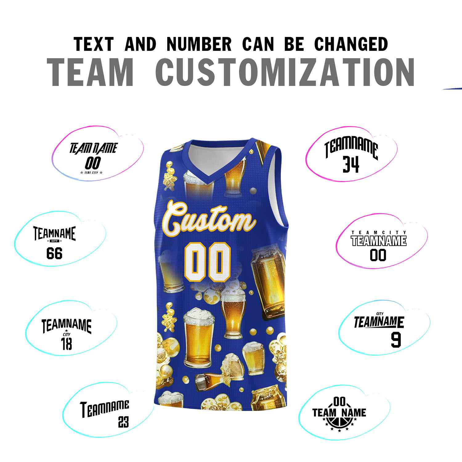 Custom Royal Blue National Beer Day Personalized Beer Bubble Basketball Jersey | Perfect for parties | Dye-sublimation printing | KXKSHOP