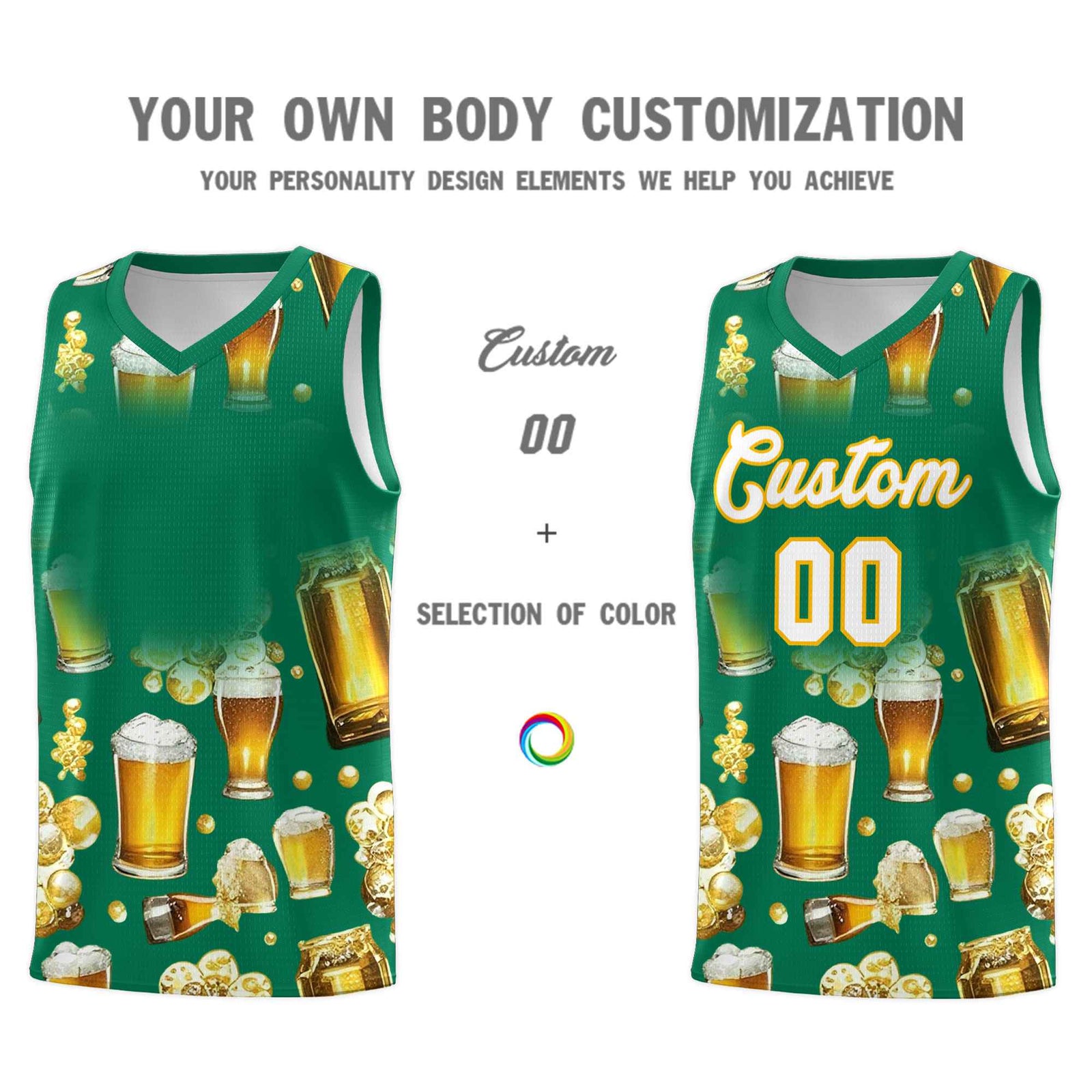 Custom Kelly Green National Beer Day Personalized Beer Bubble Basketball Jersey | Perfect for parties | Dye-sublimation printing | KXKSHOP