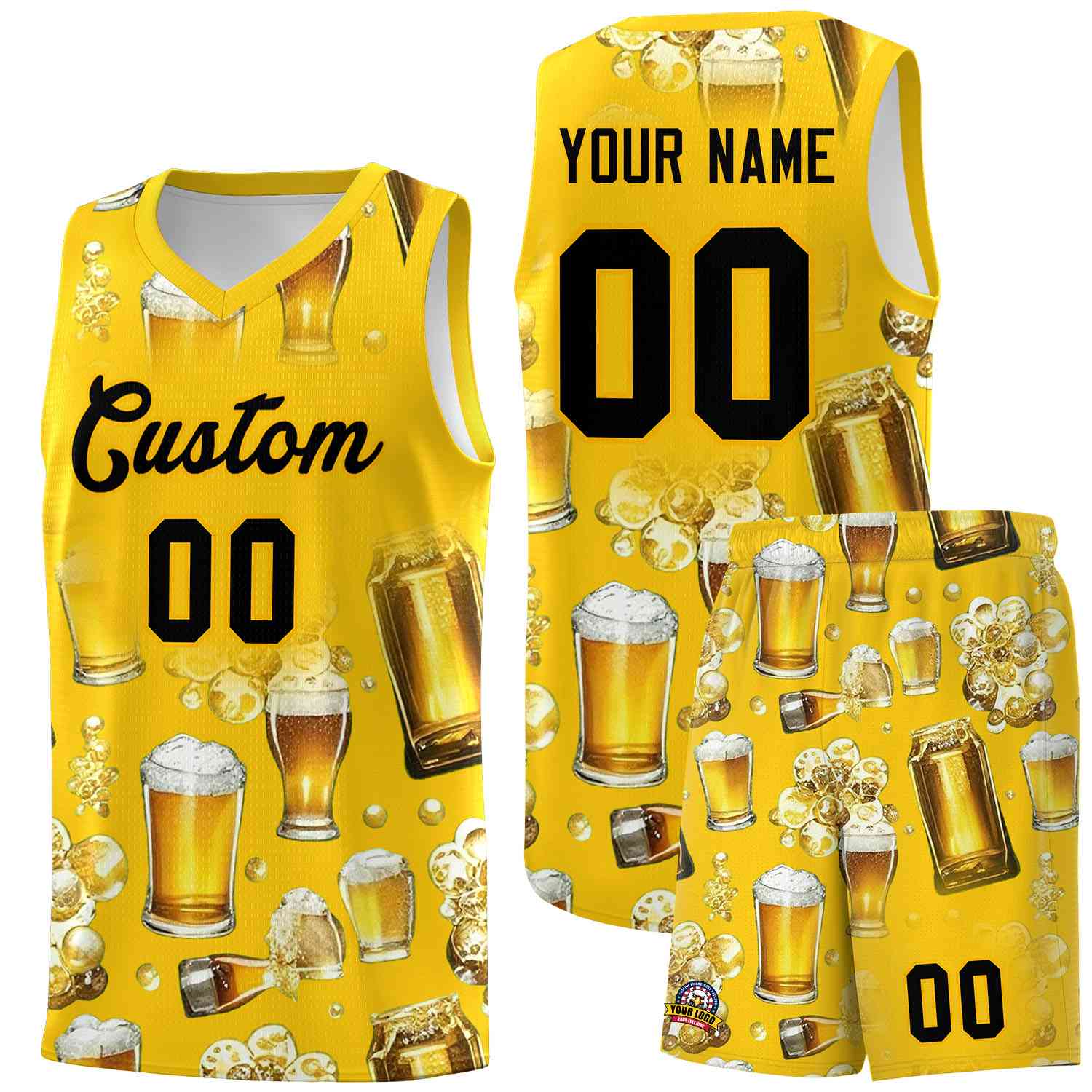 Custom Gold National Beer Day Personalized Beer Bubble Basketball Jersey | Perfect for parties | Dye-sublimation printing | KXKSHOP