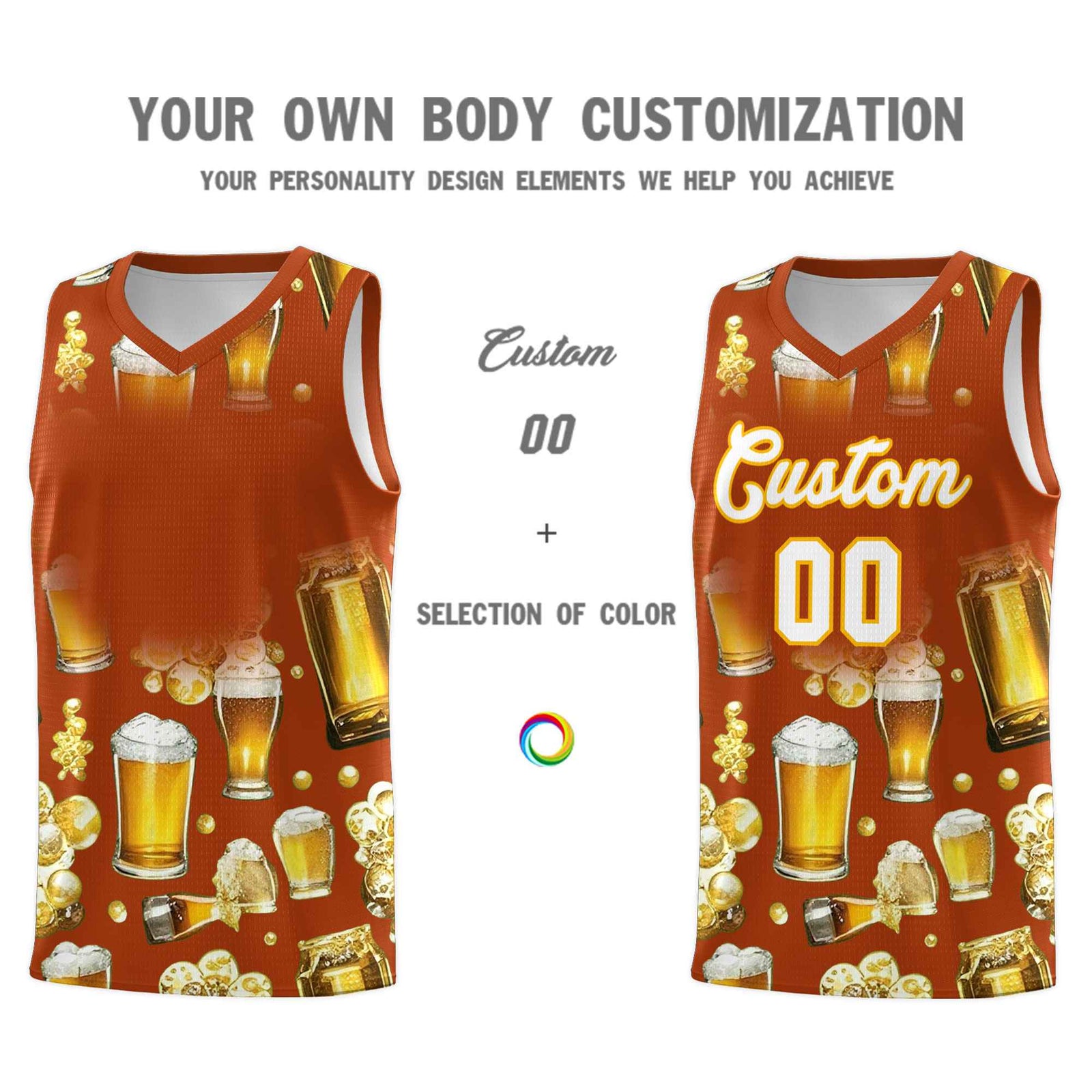 Custom Dark Orange National Beer Day Personalized Beer Bubble Basketball Jersey | Perfect for parties | Dye-sublimation printing | KXKSHOP