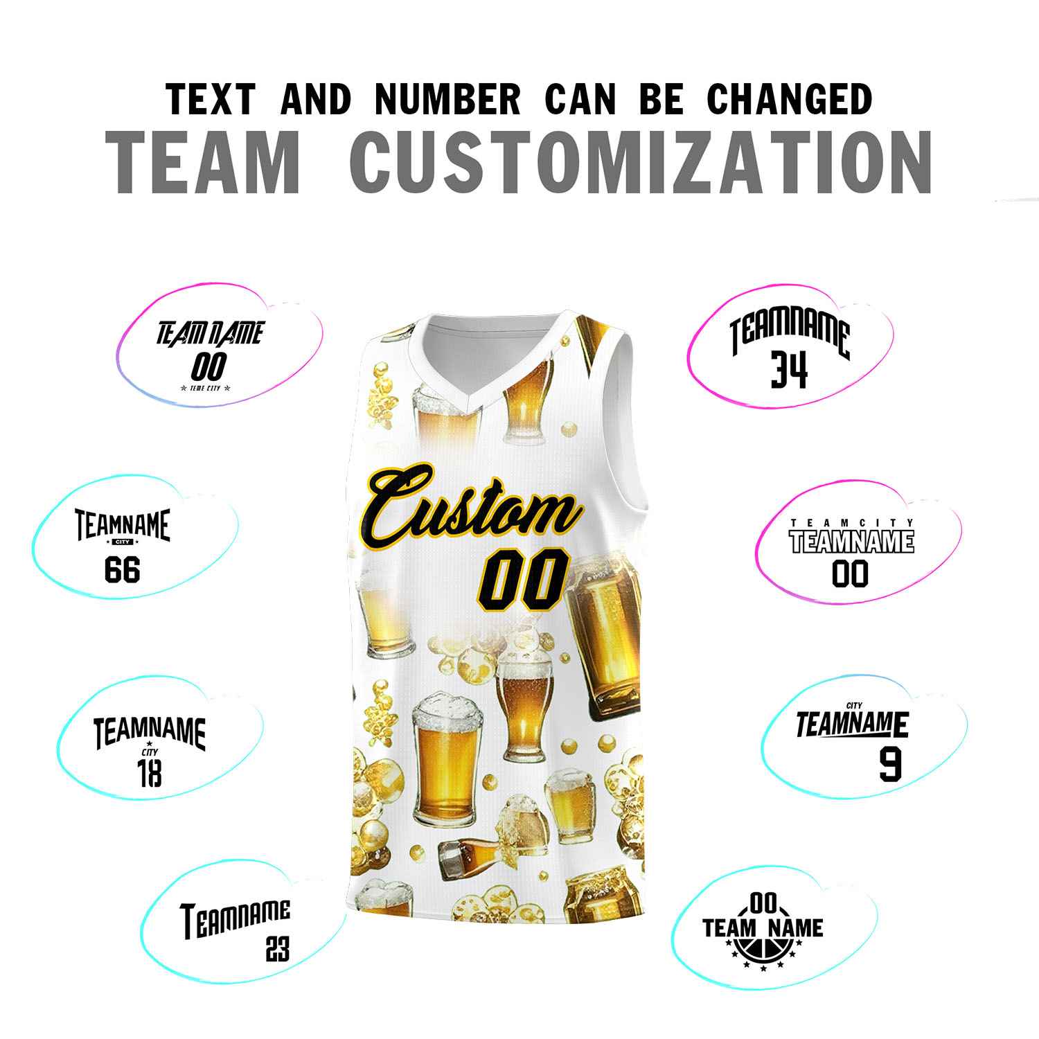 Custom White National Beer Day Personalized Beer Bubble Basketball Jersey | Perfect for parties | Dye-sublimation printing | KXKSHOP
