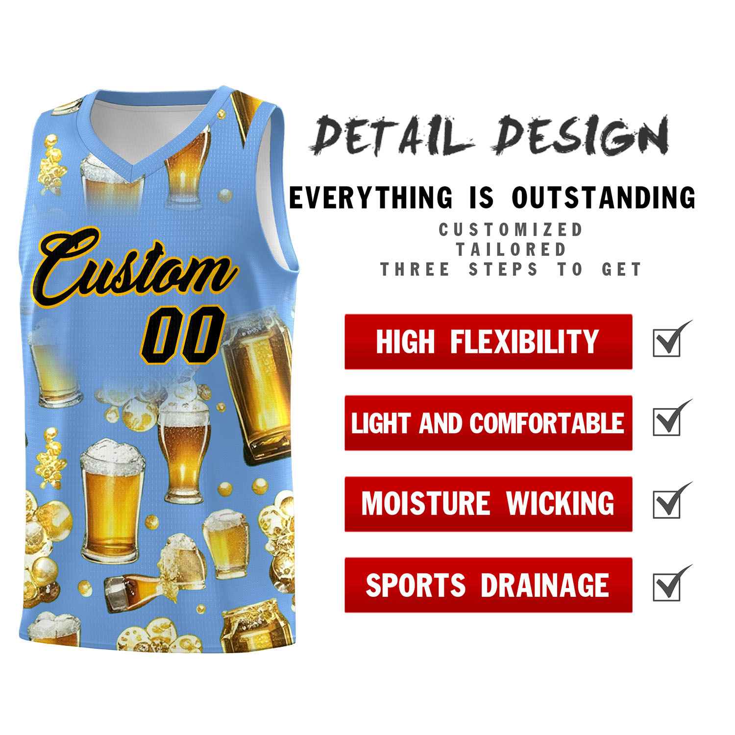 Custom Light Blue National Beer Day Personalized Beer Bubble Basketball Jersey | Perfect for parties | Dye-sublimation printing | KXKSHOP
