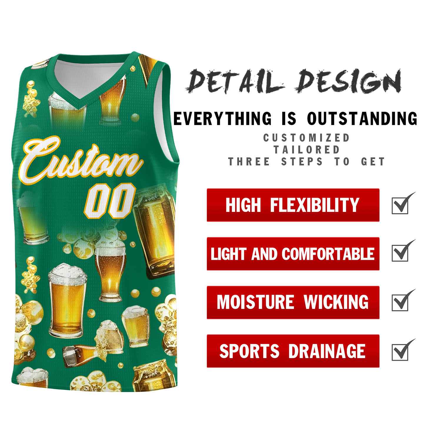 Custom Kelly Green National Beer Day Personalized Beer Bubble Basketball Jersey | Perfect for parties | Dye-sublimation printing | KXKSHOP