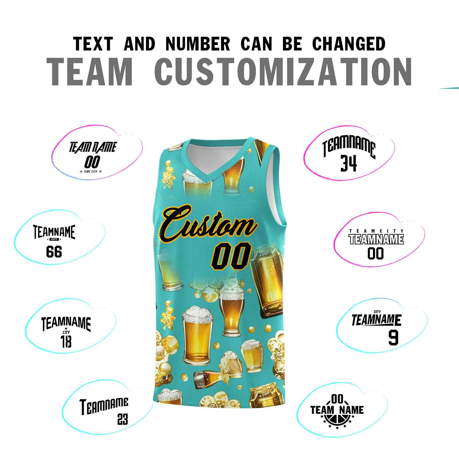 Custom Teal National Beer Day Personalized Beer Bubble Basketball Jersey | Perfect for parties | Dye-sublimation printing | KXKSHOP