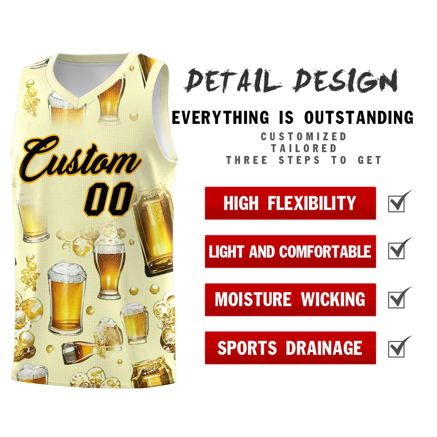 Custom Cream National Beer Day Personalized Beer Bubble Basketball Jersey | Perfect for parties | Dye-sublimation printing | KXKSHOP