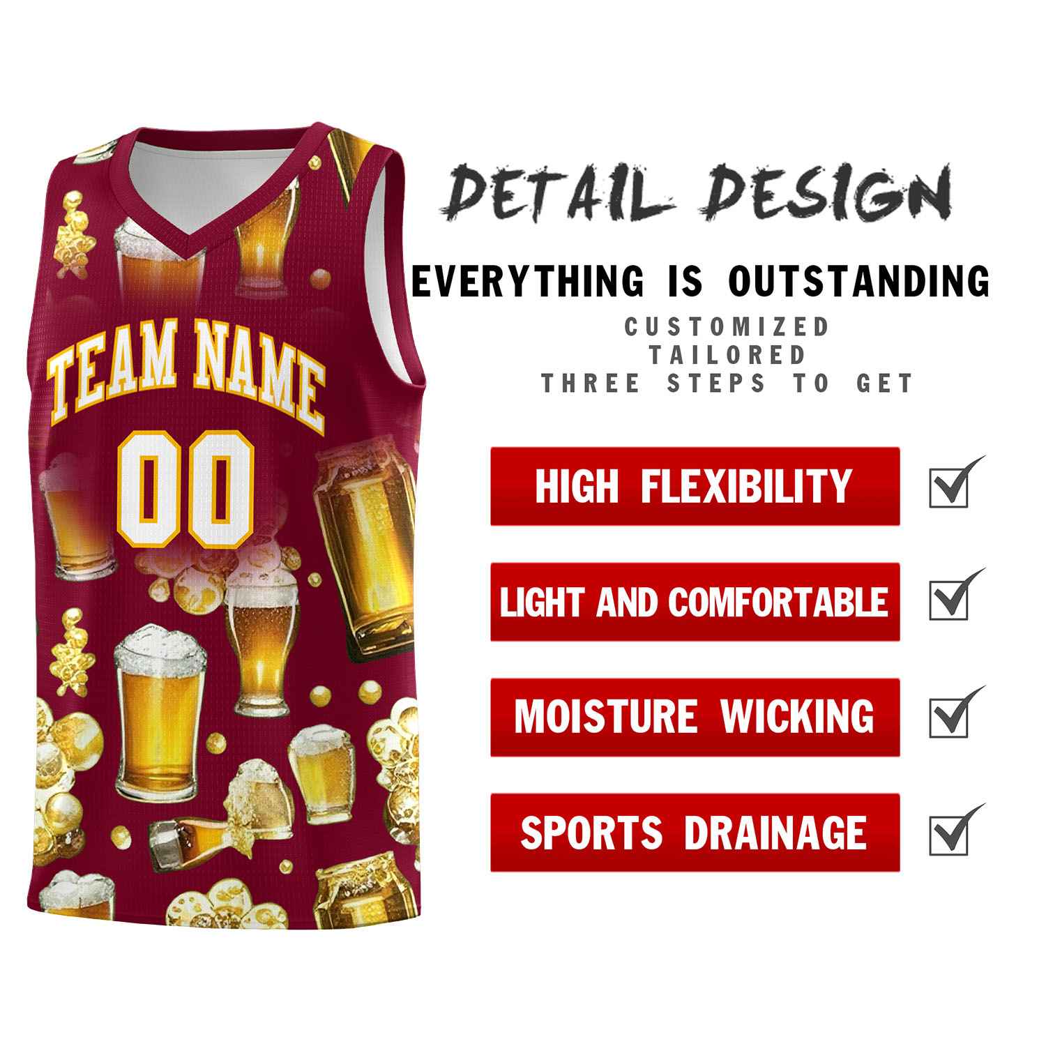 Custom Crimson National Beer Day Personalized Beer Bubble Basketball Jersey | Perfect for parties | Dye-sublimation printing | KXKSHOP