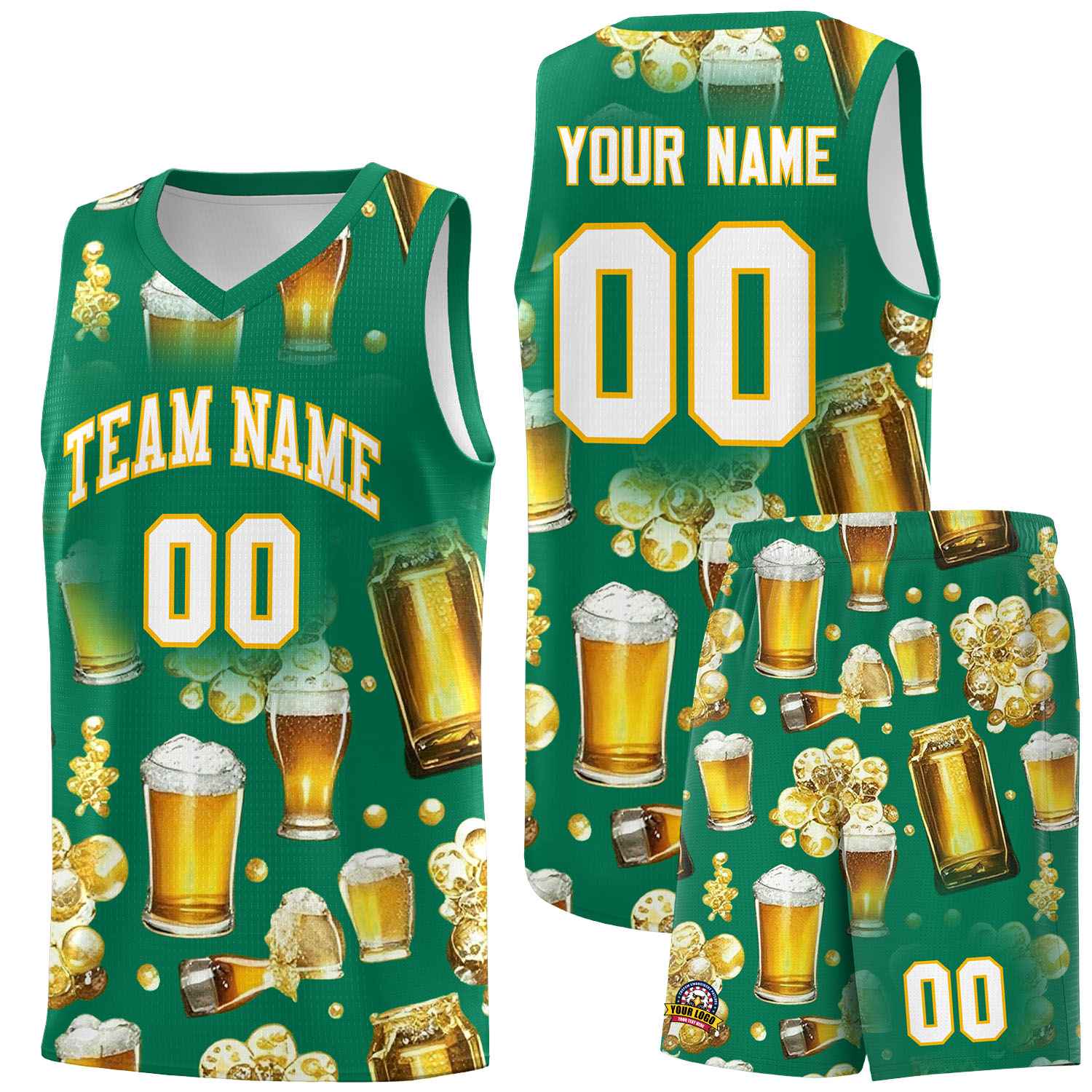Custom Kelly Green National Beer Day Personalized Beer Bubble Basketball Jersey | Perfect for parties | Dye-sublimation printing | KXKSHOP