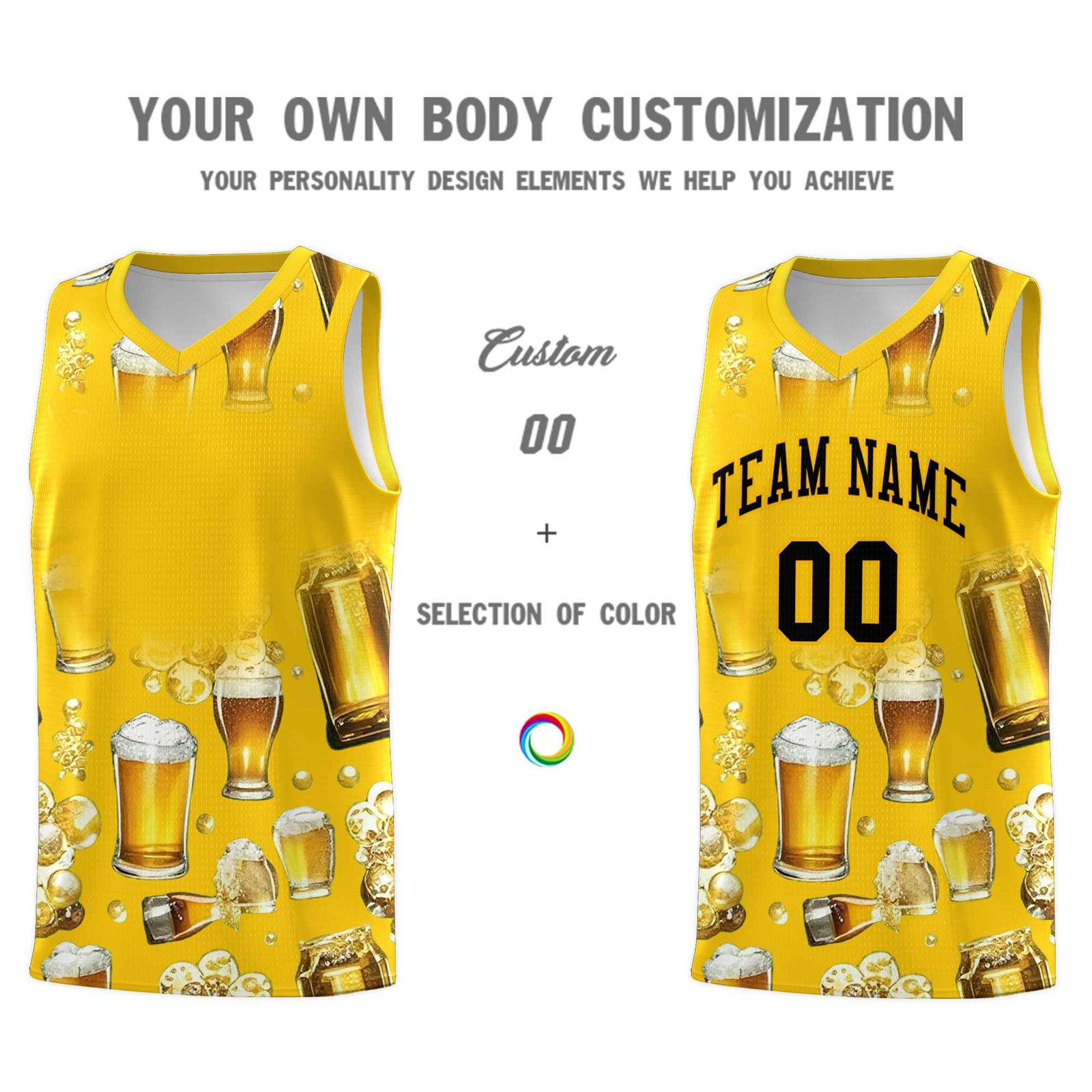 Custom Gold National Beer Day Personalized Beer Bubble Basketball Jersey | Perfect for parties | Dye-sublimation printing | KXKSHOP
