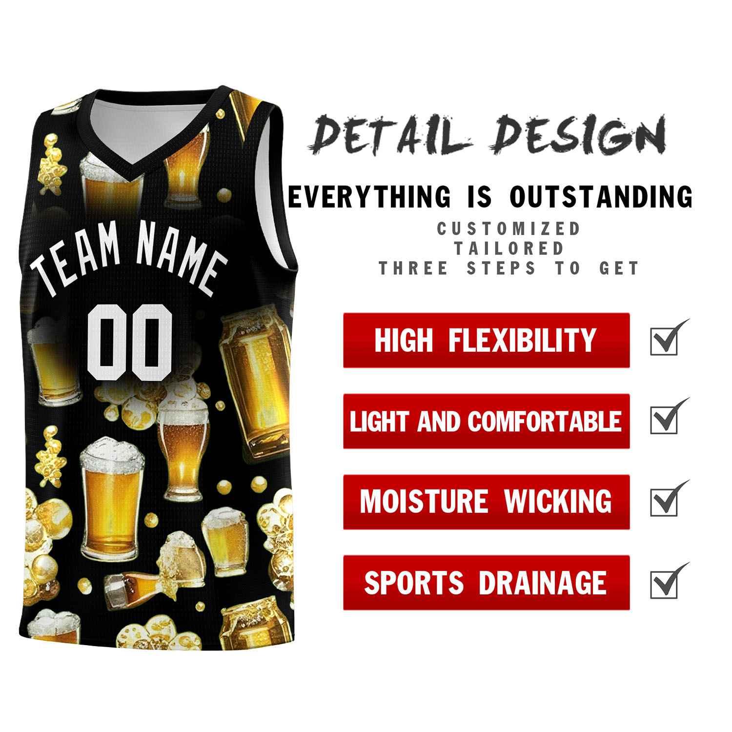 Custom Black National Beer Day Personalized Beer Bubble Basketball Jersey | Perfect for parties | Dye-sublimation printing | KXKSHOP