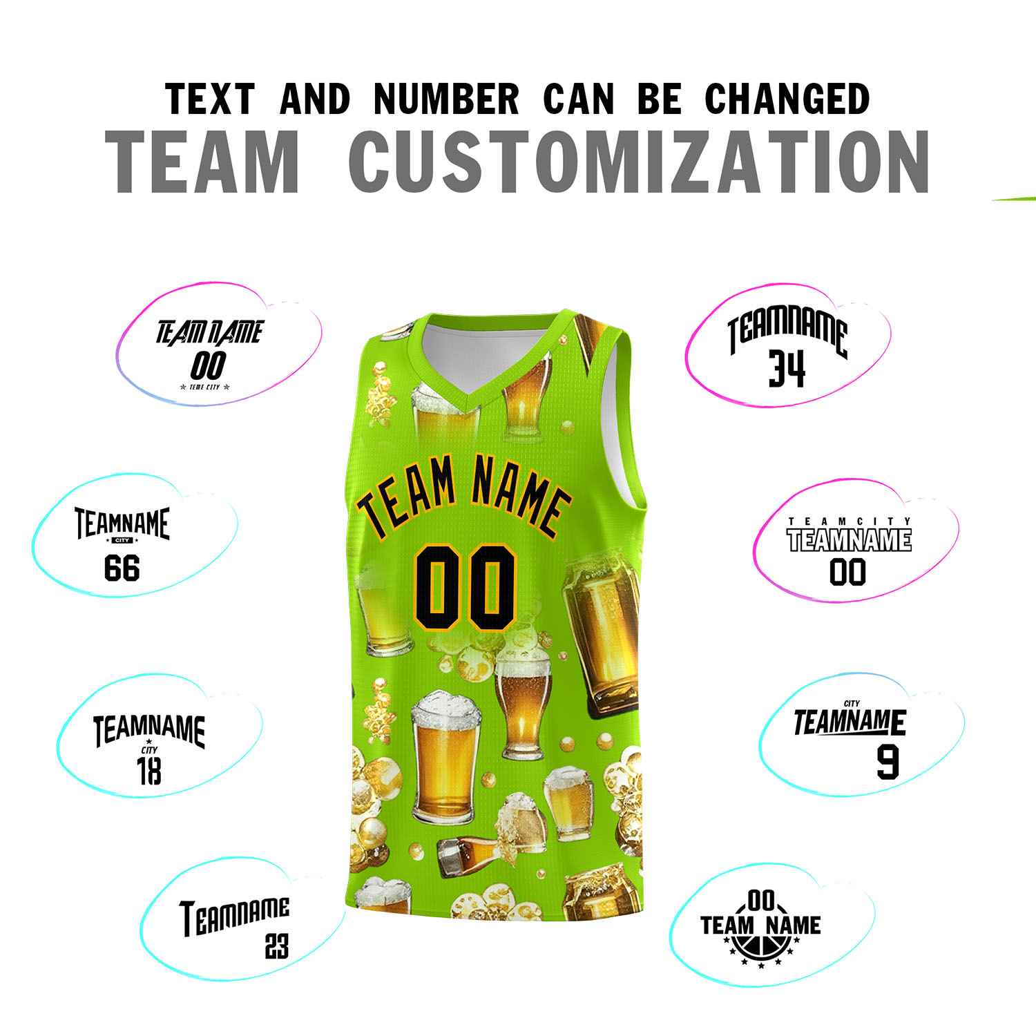 Custom Neon Green National Beer Day Personalized Beer Bubble Basketball Jersey | Perfect for parties | Dye-sublimation printing | KXKSHOP