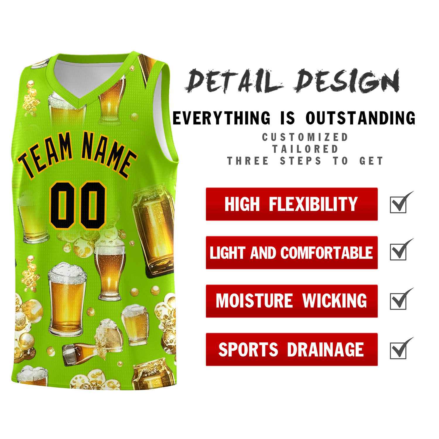 Custom Neon Green National Beer Day Personalized Beer Bubble Basketball Jersey | Perfect for parties | Dye-sublimation printing | KXKSHOP