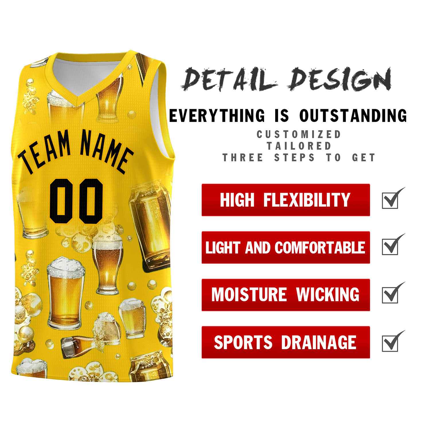 Custom Gold National Beer Day Personalized Beer Bubble Basketball Jersey | Perfect for parties | Dye-sublimation printing | KXKSHOP