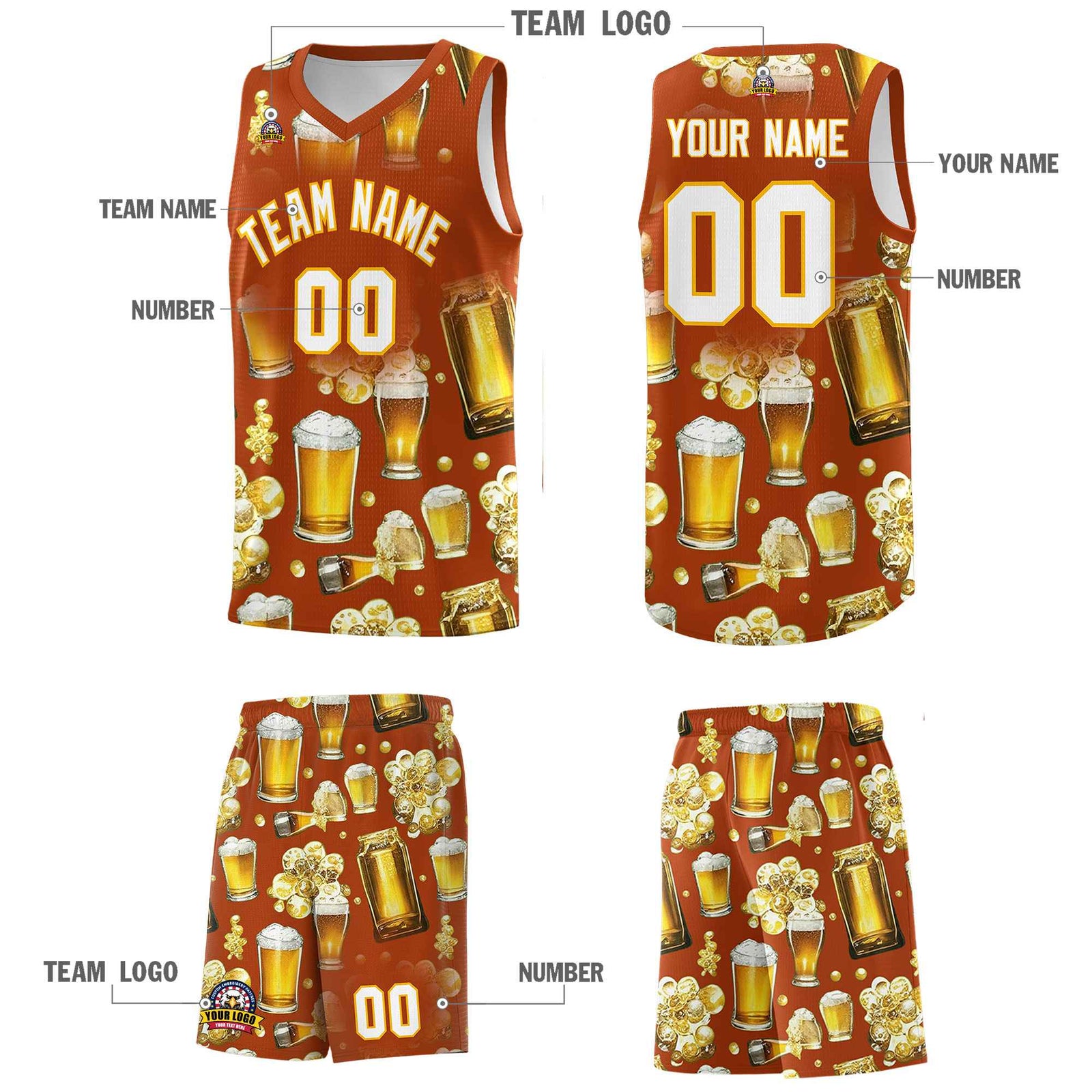 Custom Dark Orange National Beer Day Personalized Beer Bubble Basketball Jersey | Perfect for parties | Dye-sublimation printing | KXKSHOP