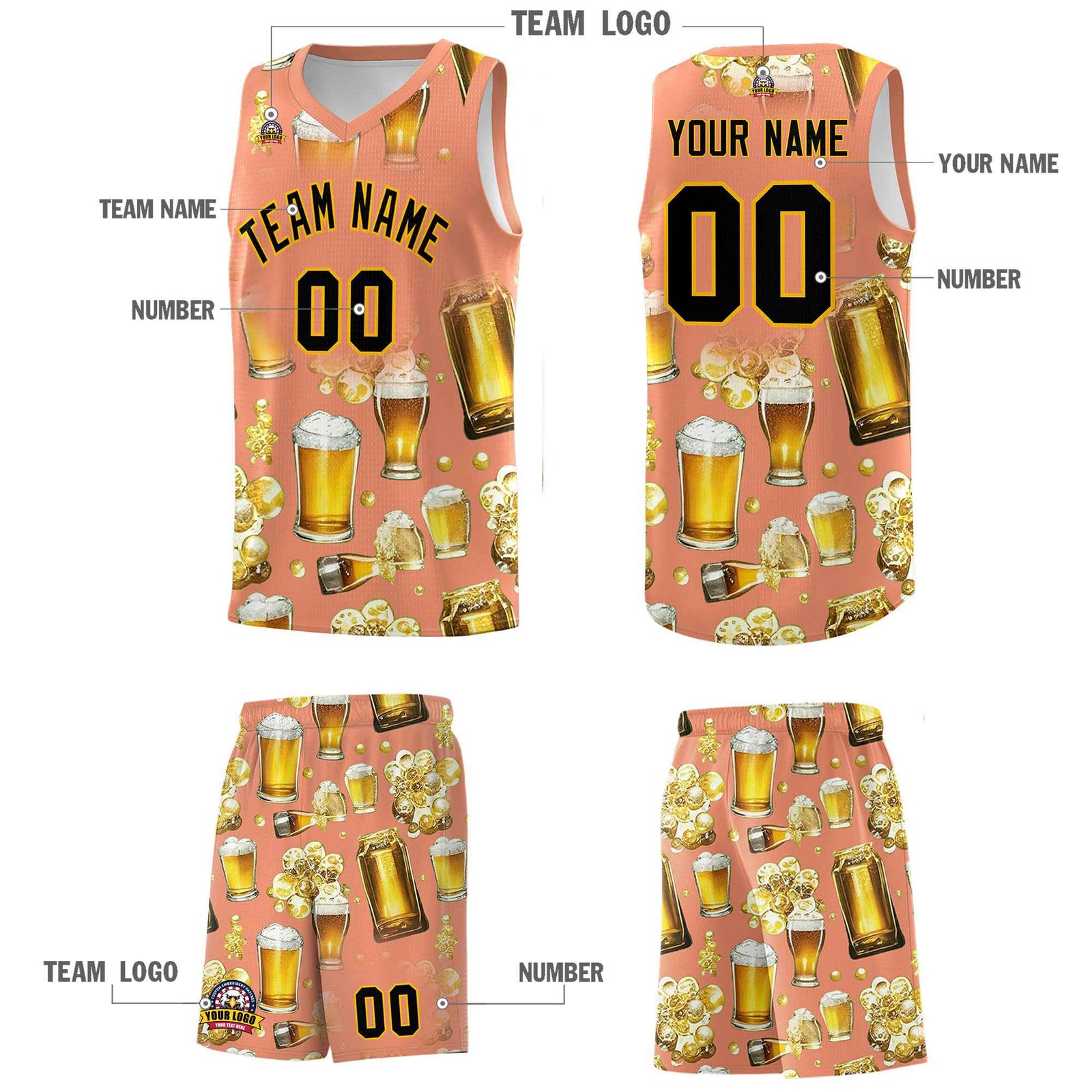 Custom Light Orange National Beer Day Personalized Beer Bubble Basketball Jersey | Perfect for parties | Dye-sublimation printing | KXKSHOP