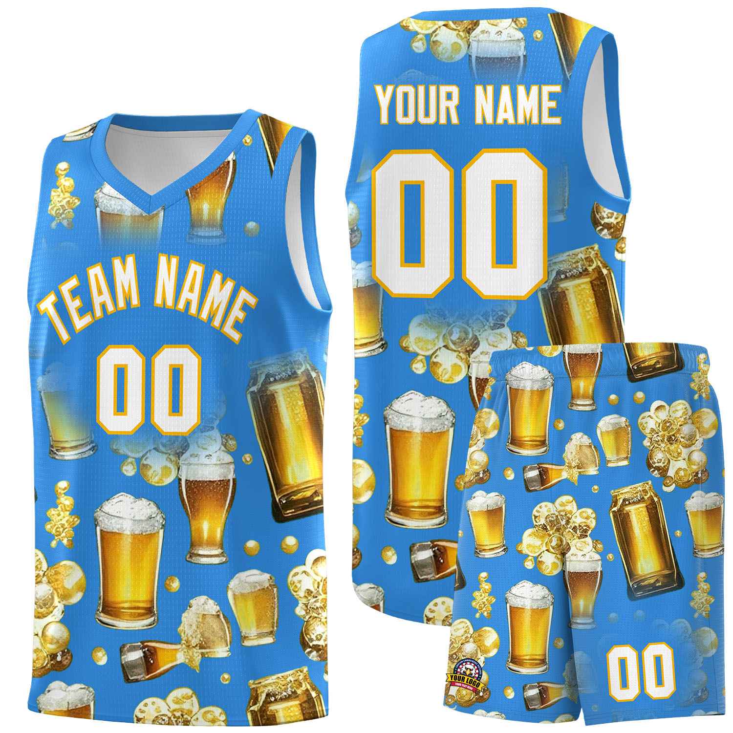 Custom Light Blue National Beer Day Personalized Beer Bubble Basketball Jersey | Perfect for parties | Dye-sublimation printing | KXKSHOP