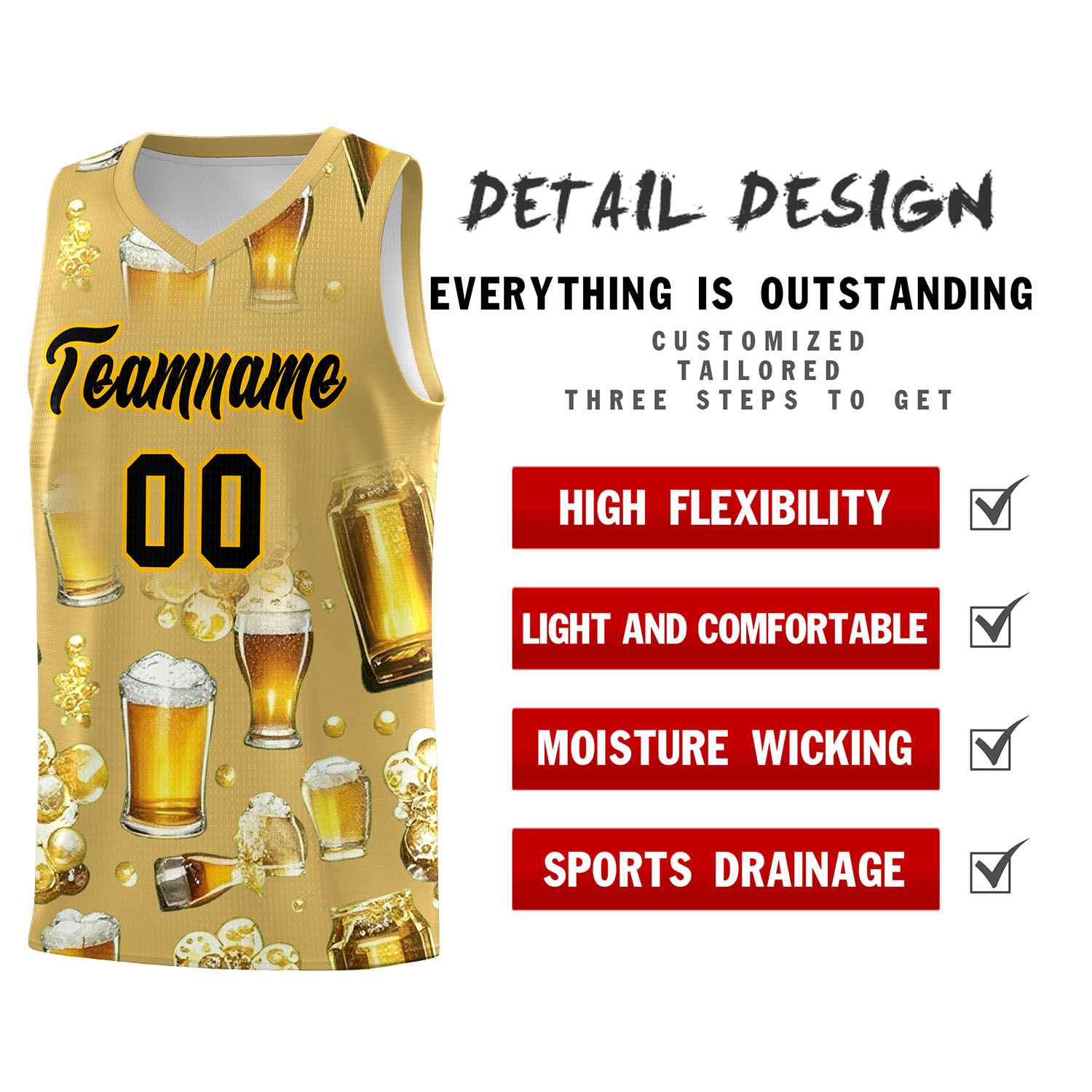 Custom Old Gold National Beer Day Personalized Beer Bubble Basketball Jersey | Perfect for parties | Dye-sublimation printing | KXKSHOP