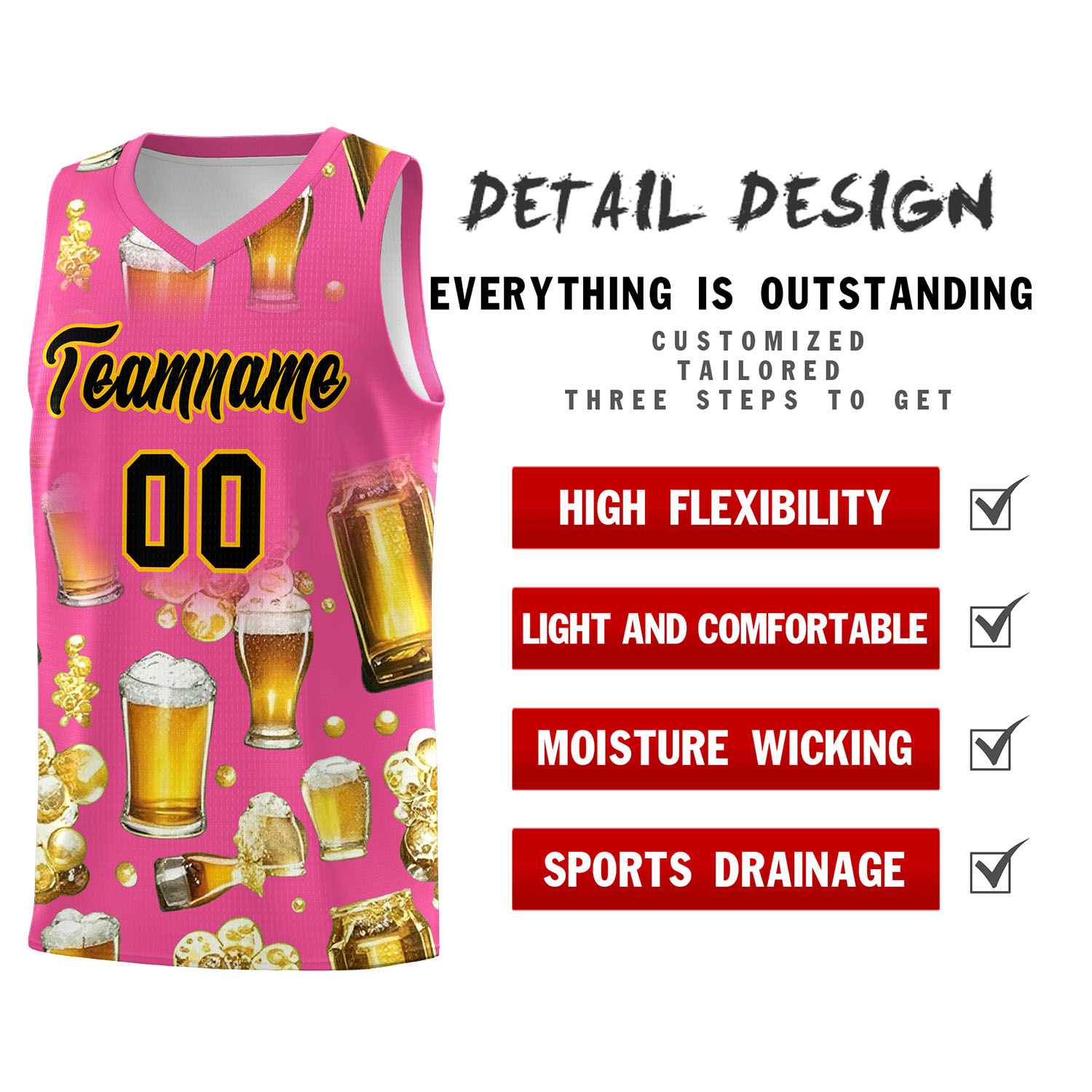 Custom Pink National Beer Day Personalized Beer Bubble Basketball Jersey | Perfect for parties | Dye-sublimation printing | KXKSHOP