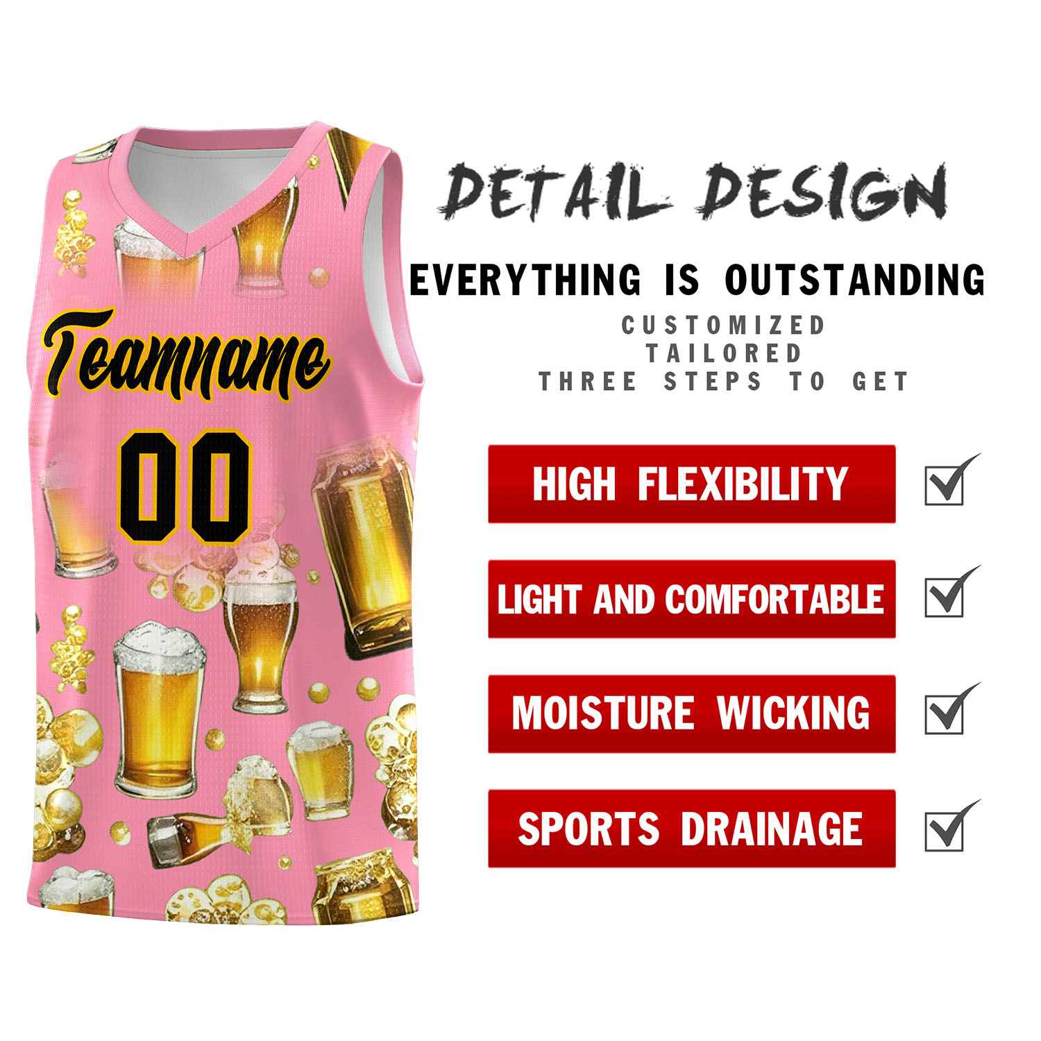 Custom Light Pink National Beer Day Personalized Beer Bubble Basketball Jersey | Perfect for parties | Dye-sublimation printing | KXKSHOP