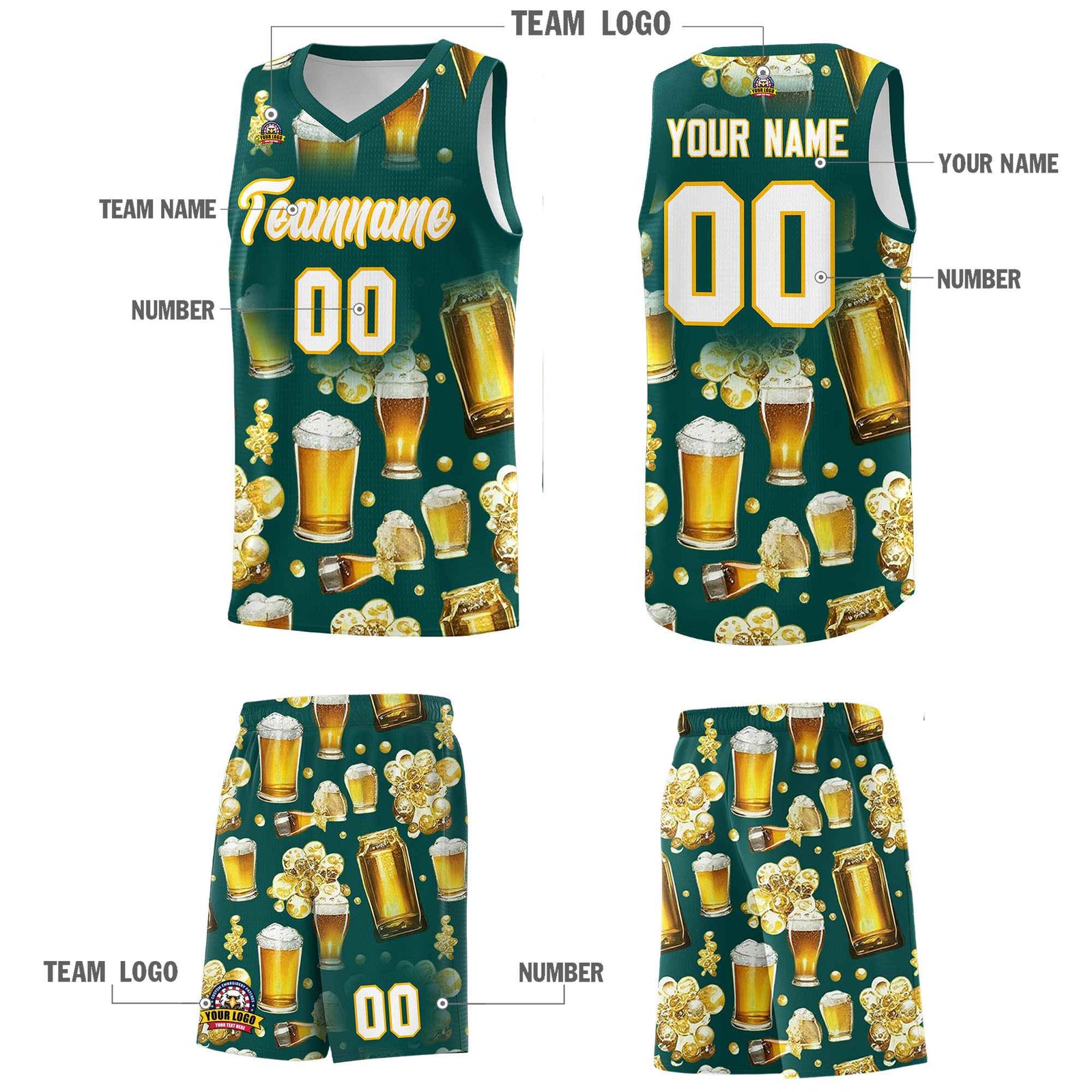 Custom Midnight Green National Beer Day Personalized Beer Bubble Basketball Jersey | Perfect for parties | Dye-sublimation printing | KXKSHOP