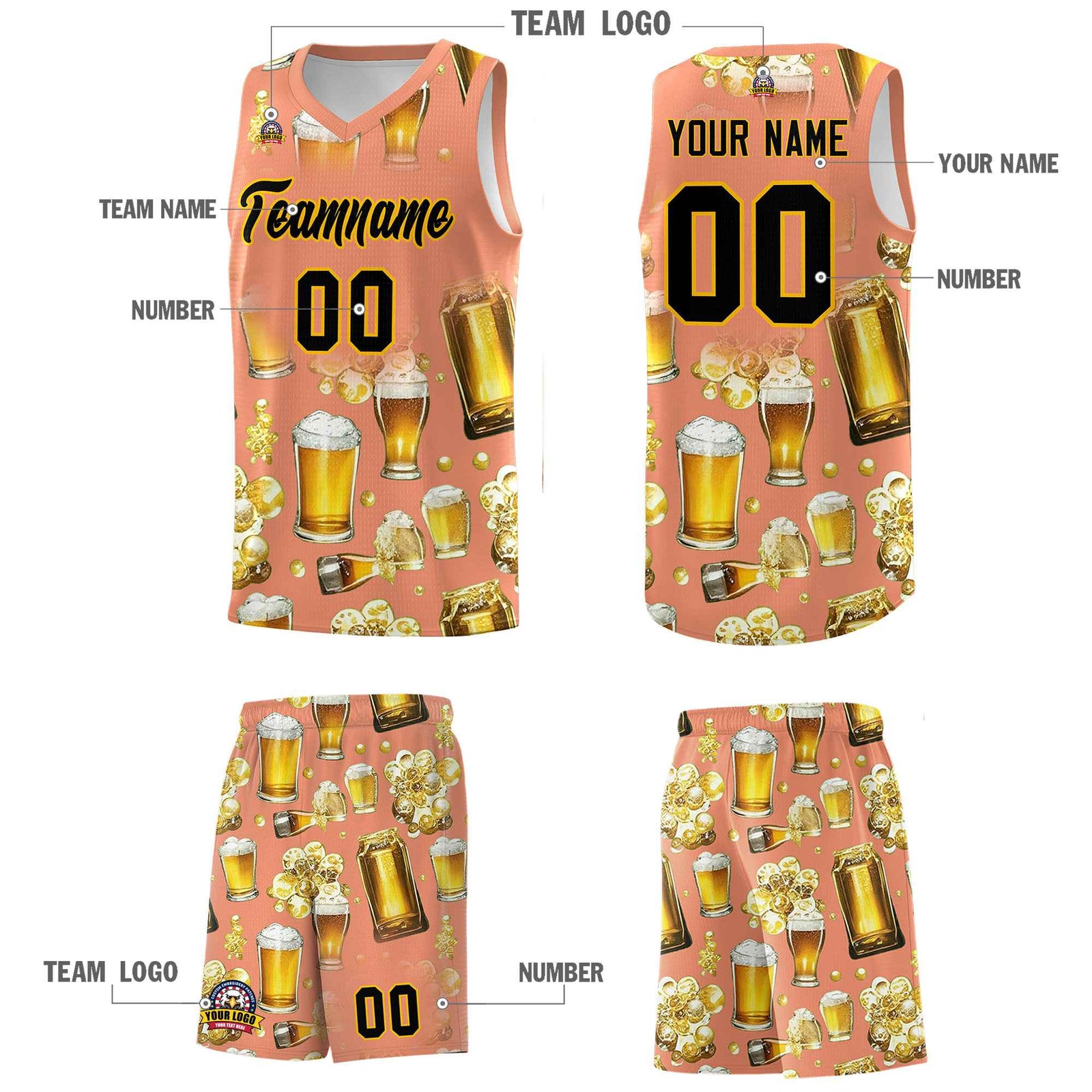 Custom Light Orange National Beer Day Personalized Beer Bubble Basketball Jersey | Perfect for parties | Dye-sublimation printing | KXKSHOP