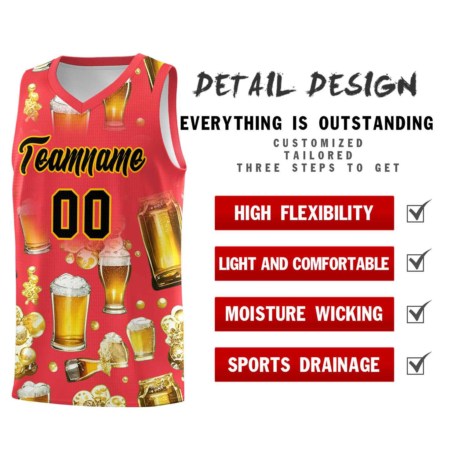 Custom Light Red National Beer Day Personalized Beer Bubble Basketball Jersey | Perfect for parties | Dye-sublimation printing | KXKSHOP