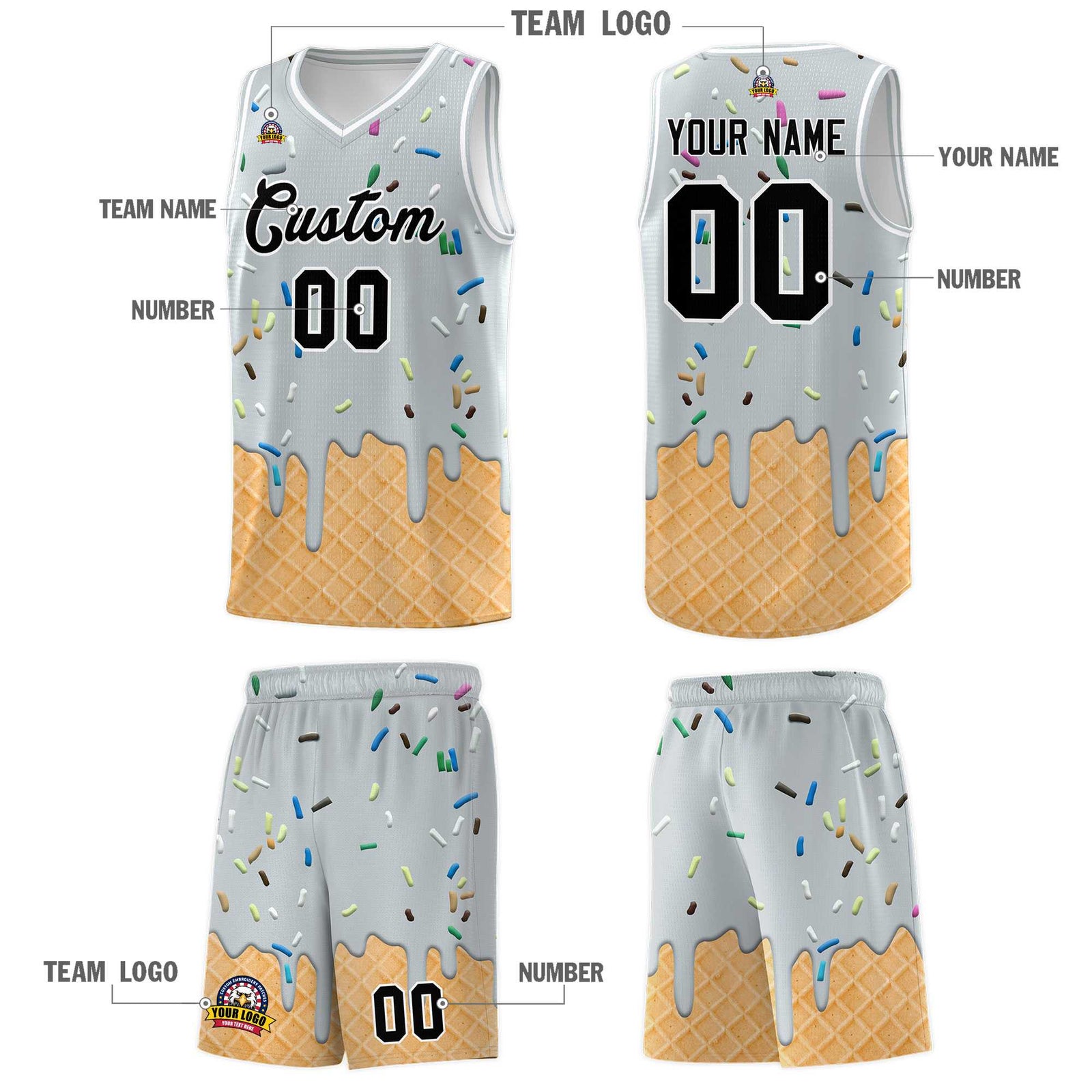 Custom Silver Basketball Kits with Ice Cream Element Pattern