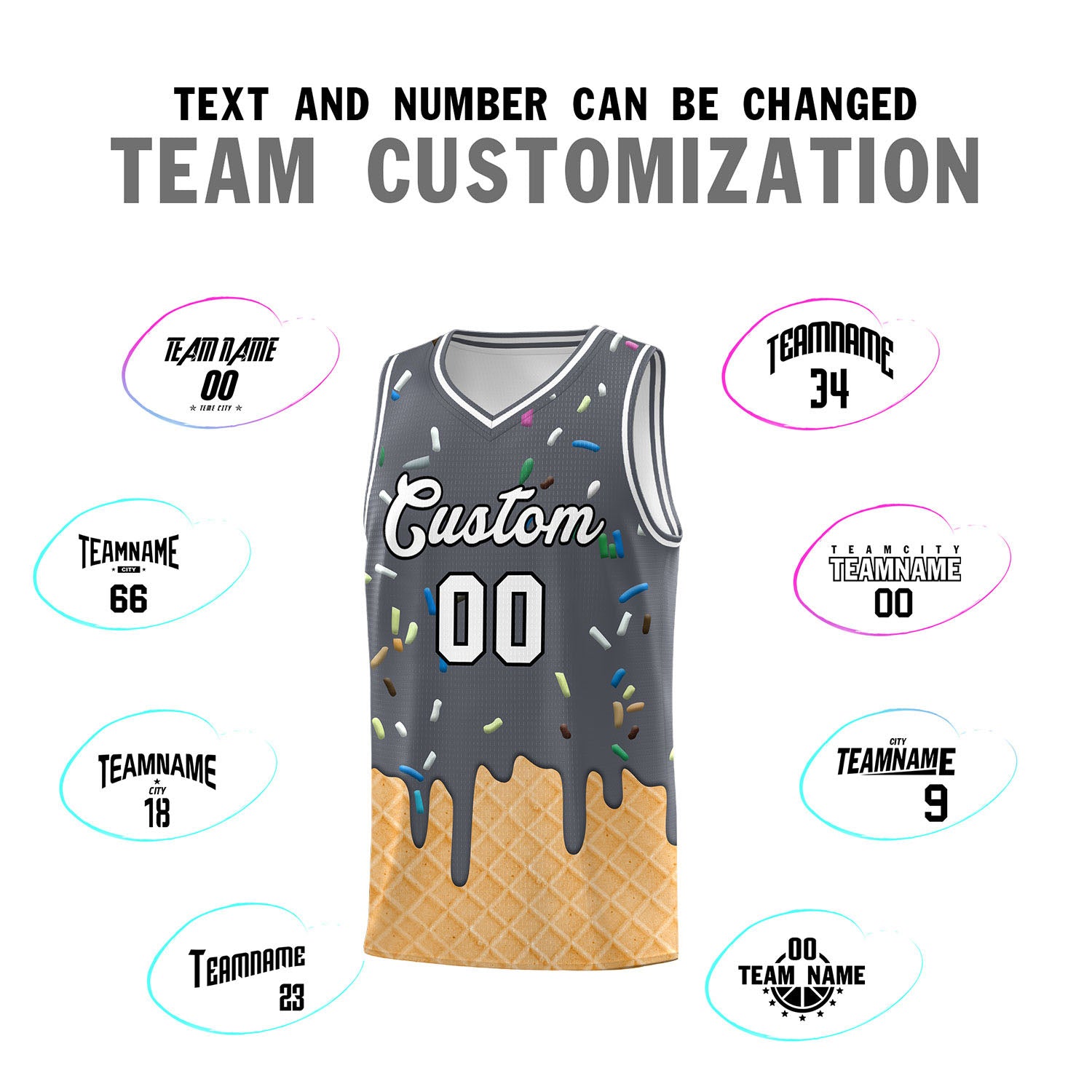 Custom Gray Basketball Kits with Ice Cream Element Pattern