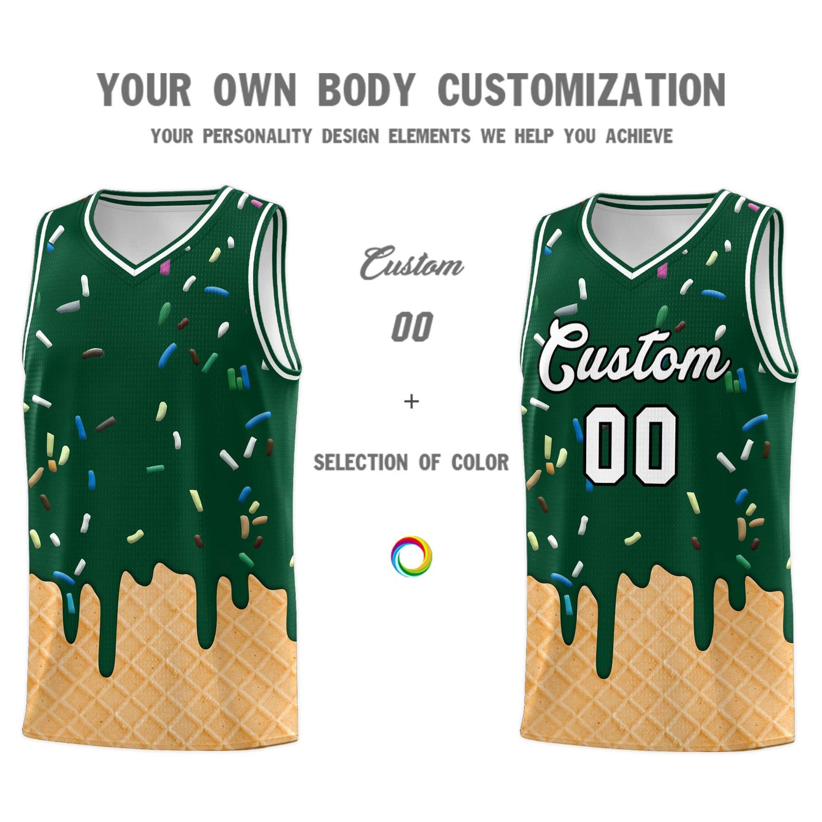 Custom Green Basketball Kits with Ice Cream Element Pattern