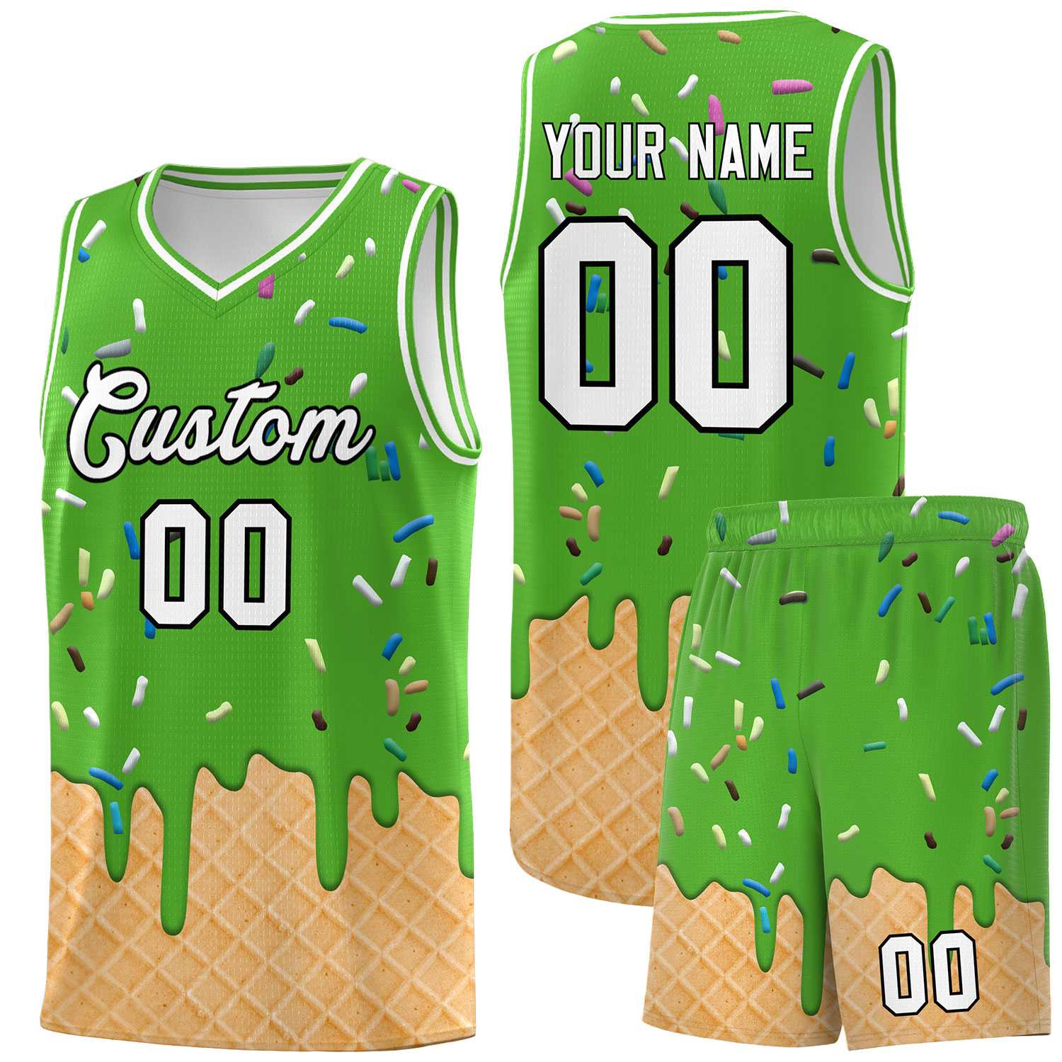 Custom Light Green Basketball Kits with Ice Cream Element Pattern