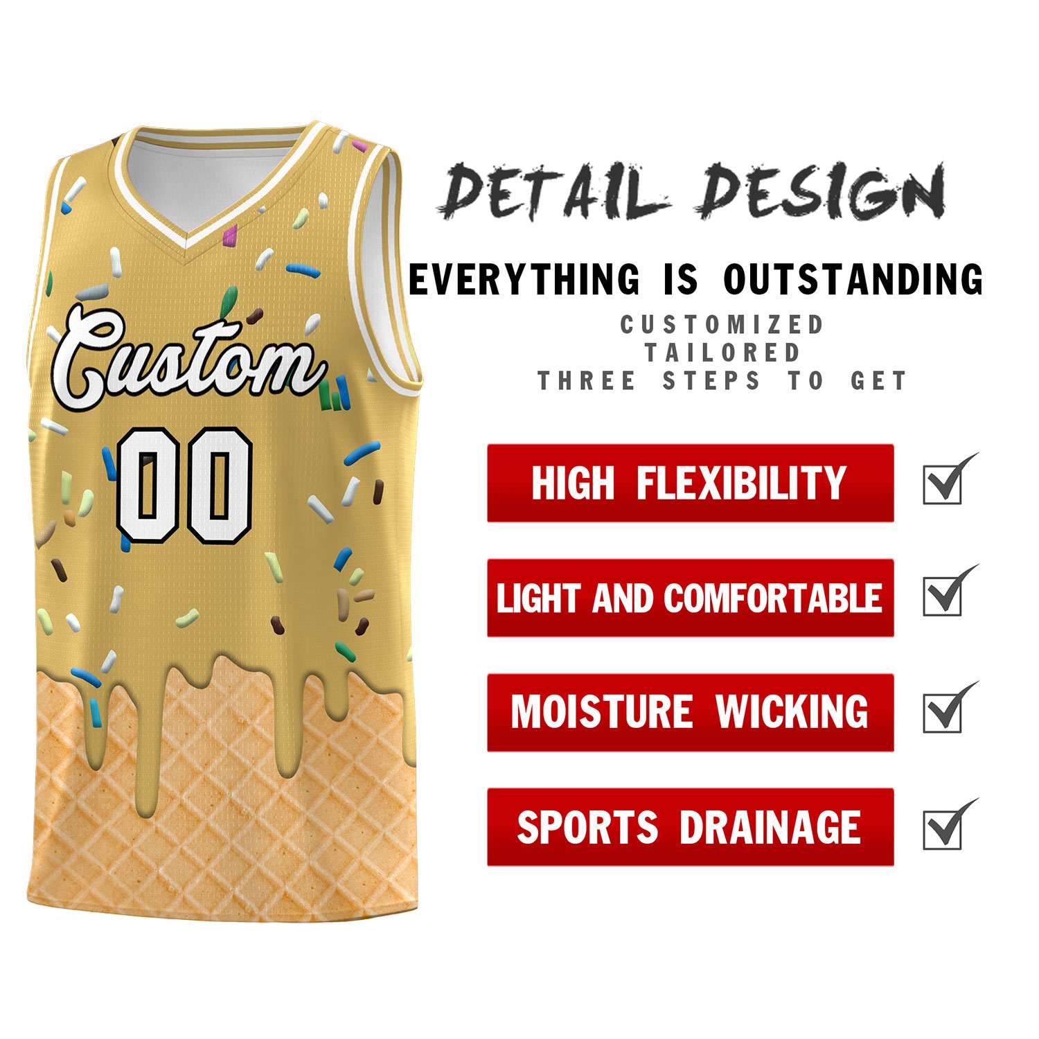 Custom Old Gold Basketball Kits with Ice Cream Element Pattern