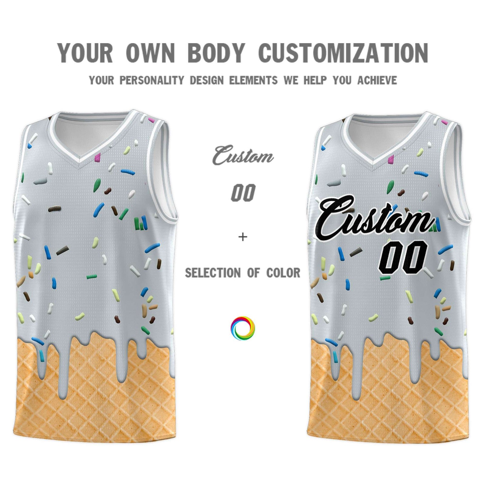 Custom Silver Basketball Kits with Ice Cream Element Pattern