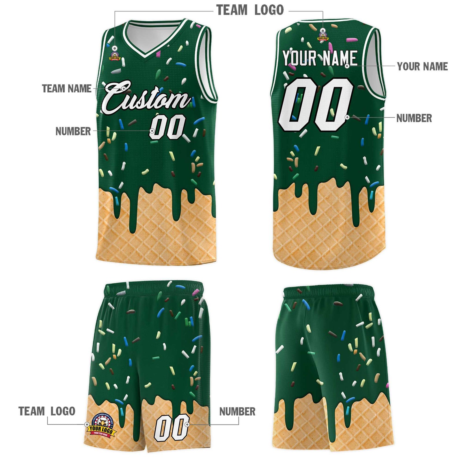 Custom Green Basketball Kits with Ice Cream Element Pattern