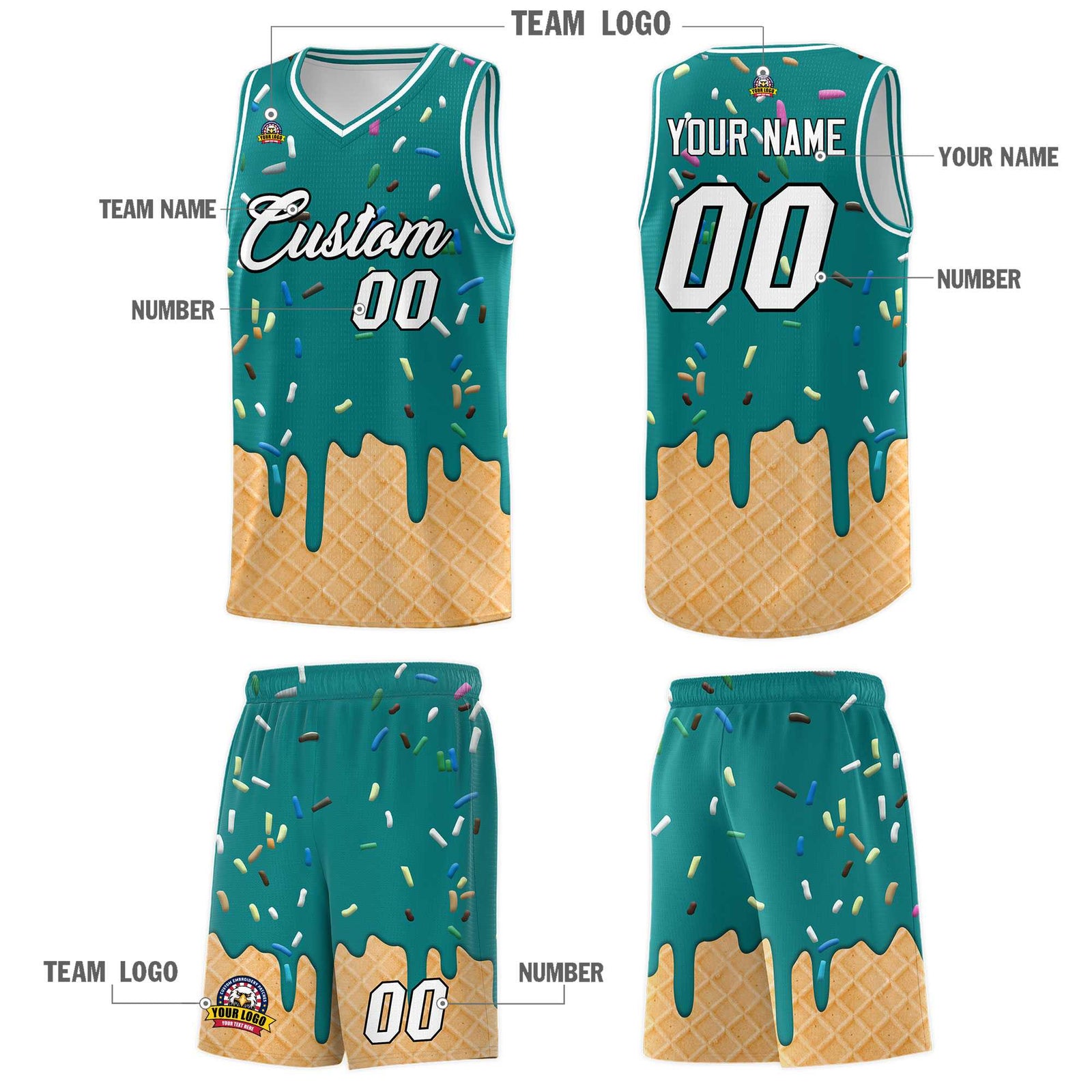 Custom Teal Basketball Kits with Ice Cream Element Pattern