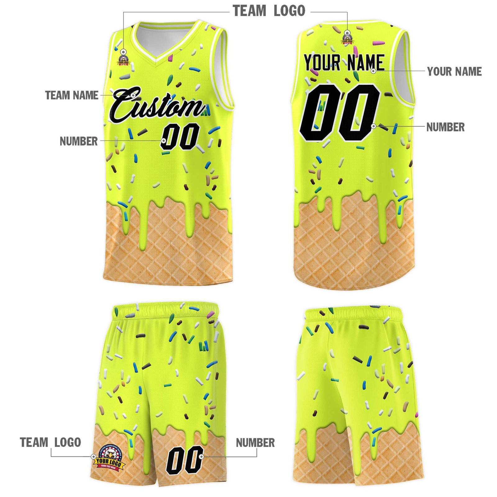 Custom Fluorescent Green Basketball Kits with Ice Cream Element Pattern