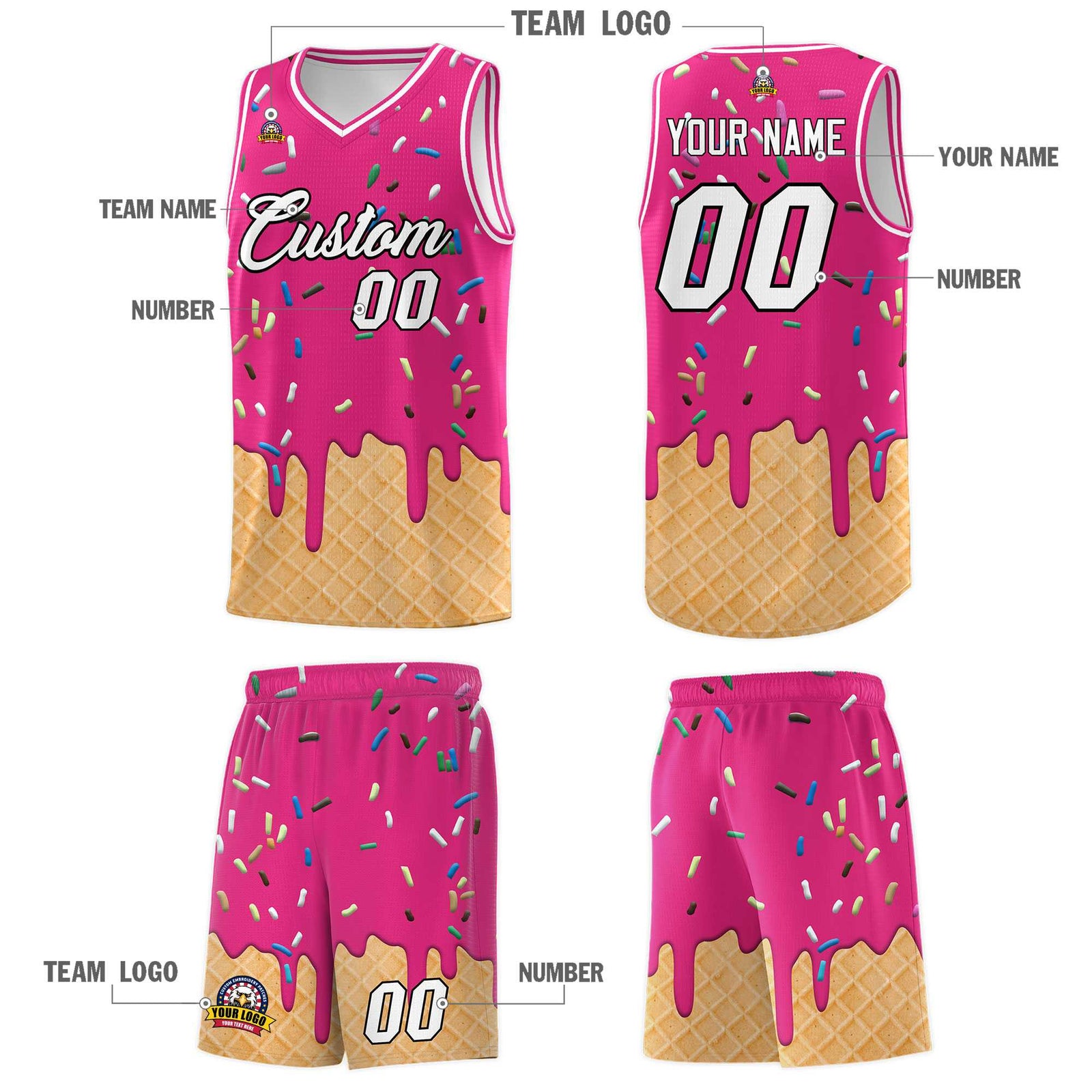 Custom Rose Red Basketball Kits with Ice Cream Element Pattern