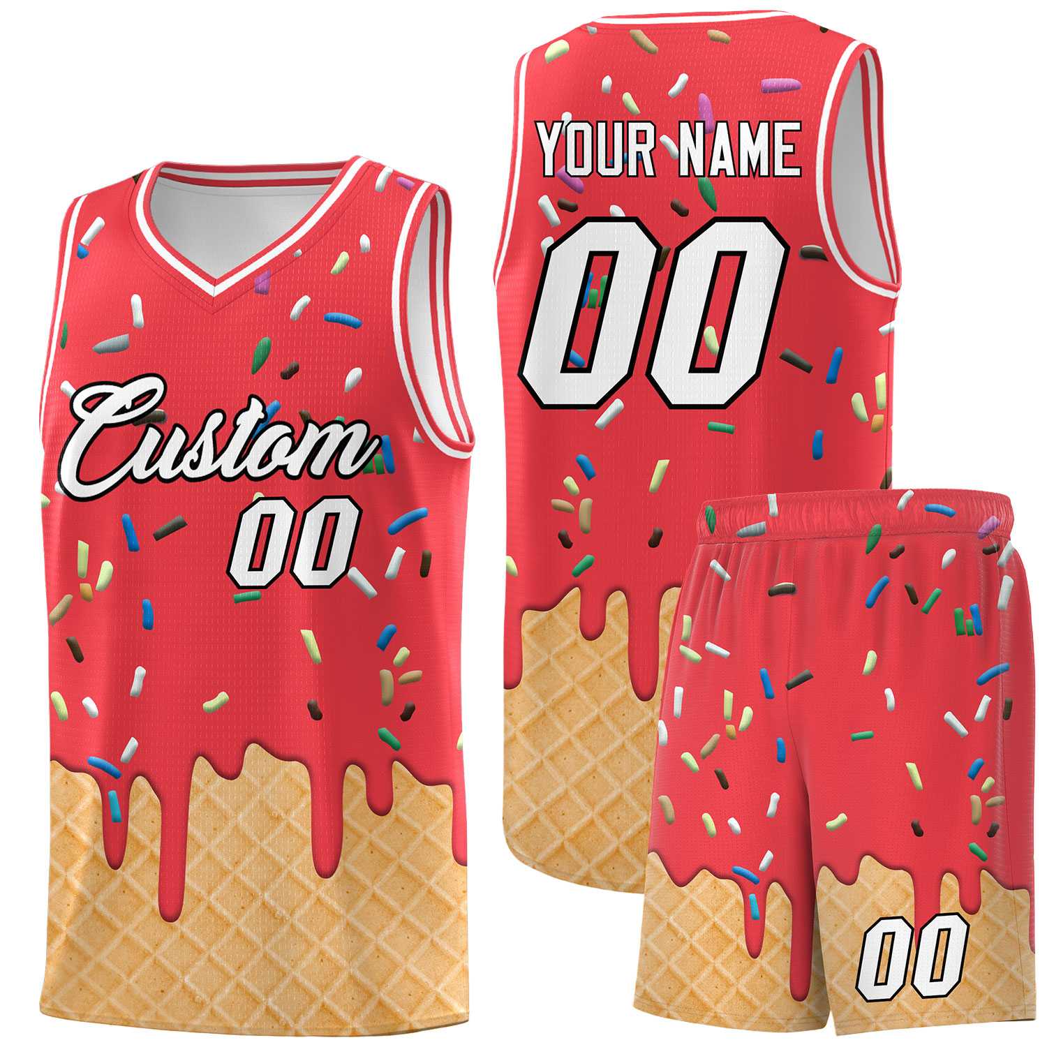 Custom Light Red Basketball Kits with Ice Cream Element Pattern