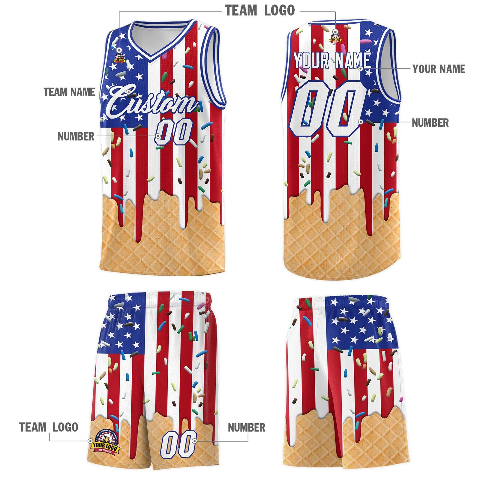 Custom American Flag Basketball Kits with Ice Cream Element Pattern
