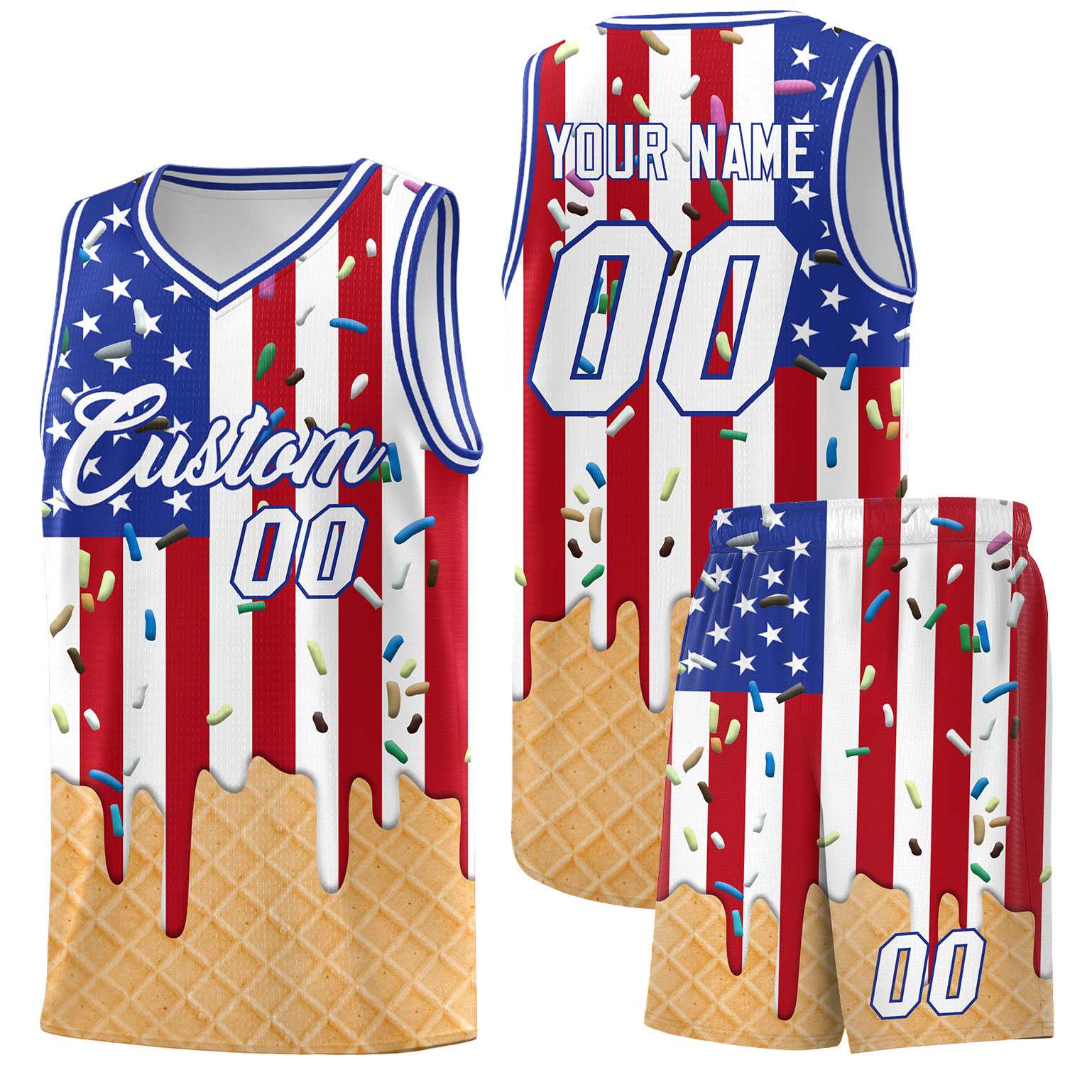 Custom American Flag Basketball Kits with Ice Cream Element Pattern
