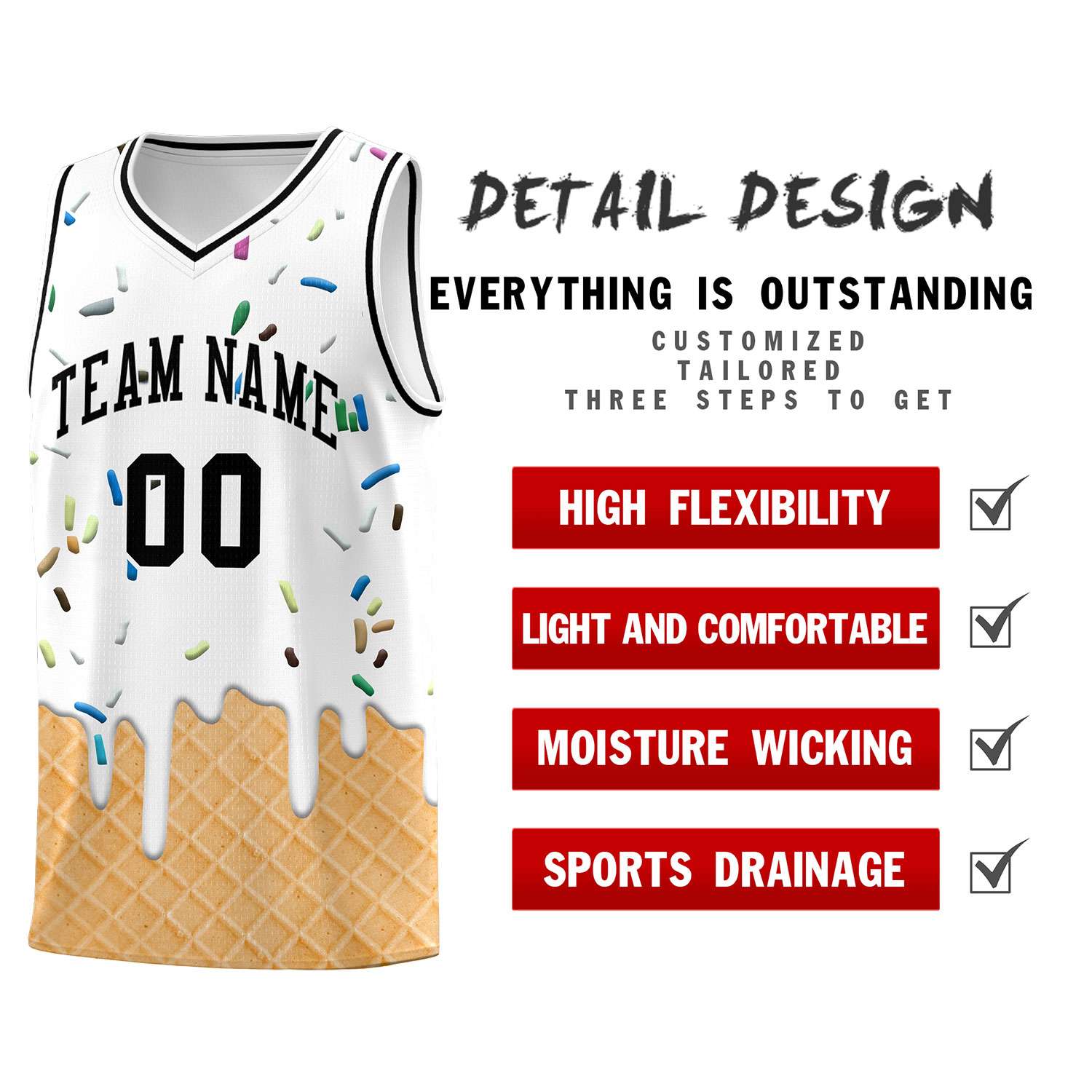 Custom White Basketball Kits with Ice Cream Element Pattern