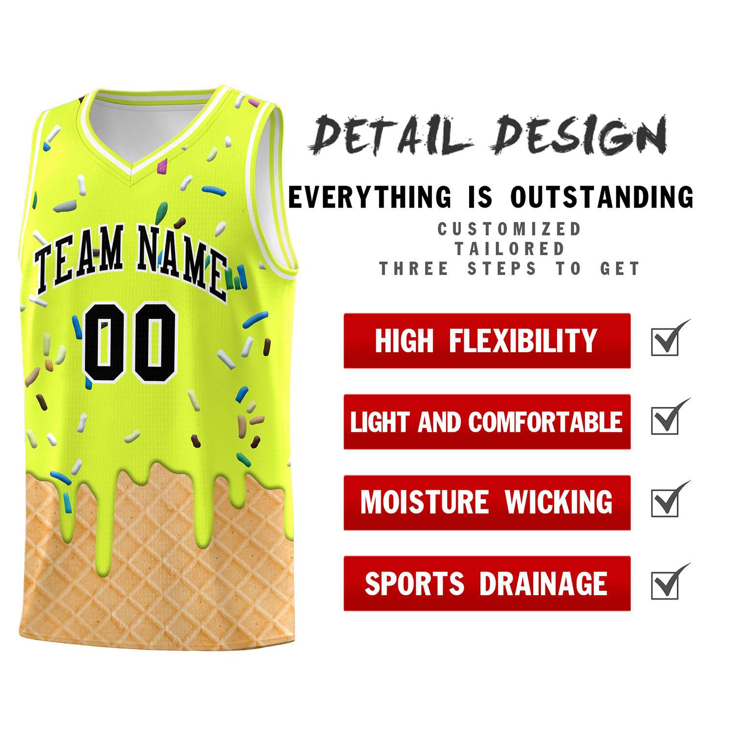 Custom Fluorescent Green Basketball Kits with Ice Cream Element Pattern