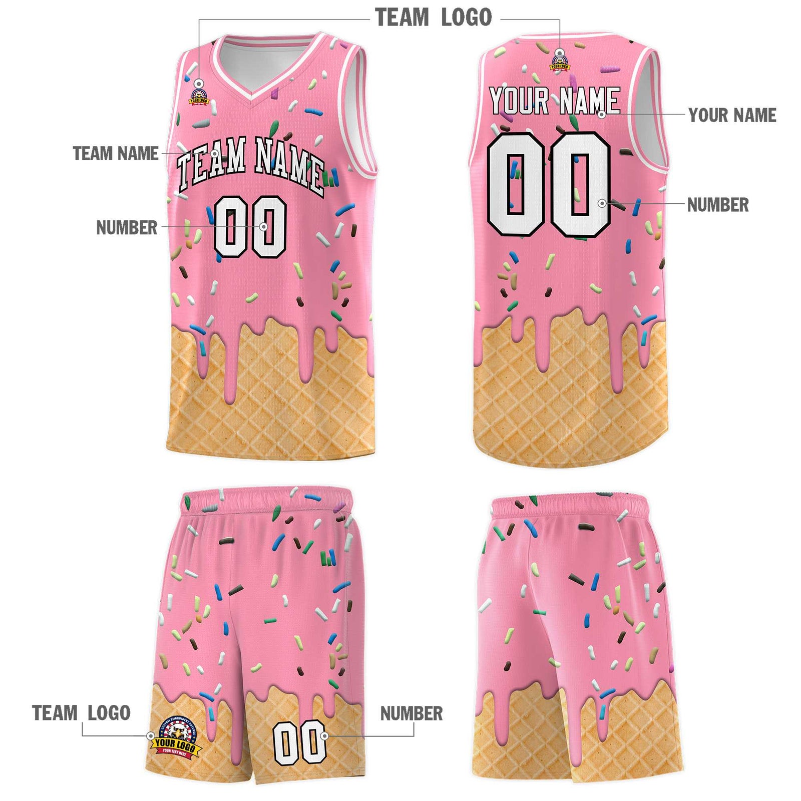 Custom Light Pink Basketball Kits with Ice Cream Element Pattern