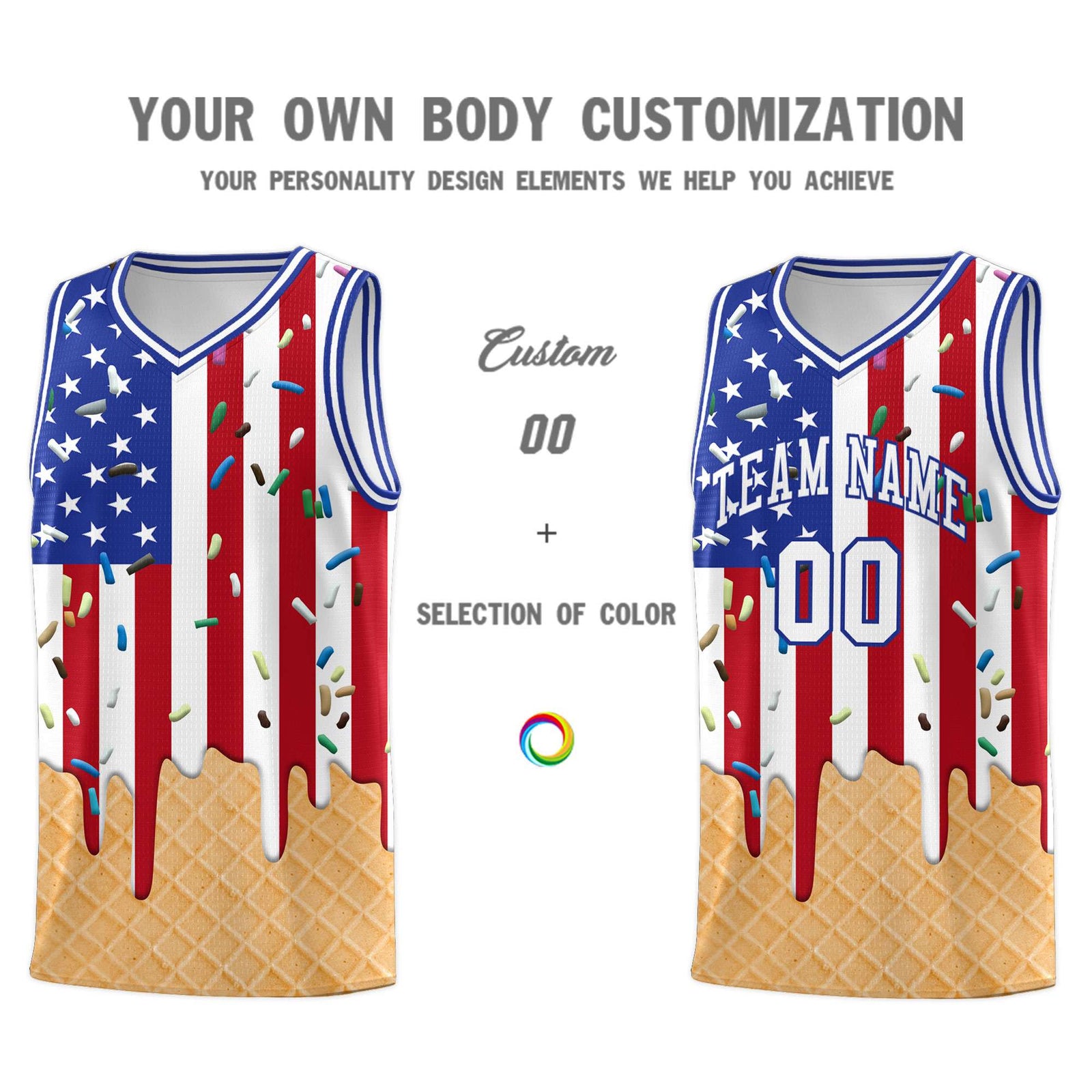 Custom American Flag Basketball Kits with Ice Cream Element Pattern