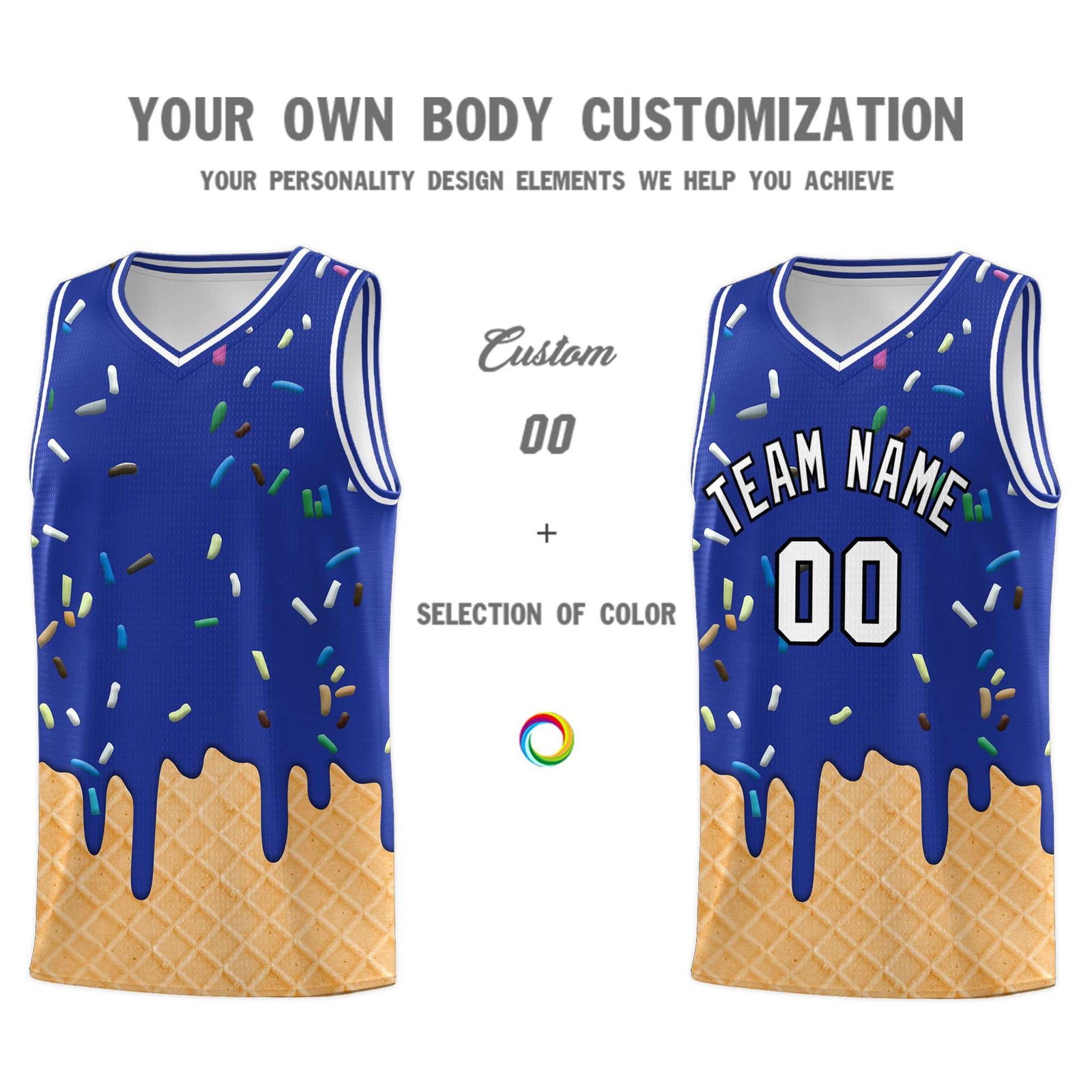 Custom Royal Blue Basketball Kits with Ice Cream Element Pattern