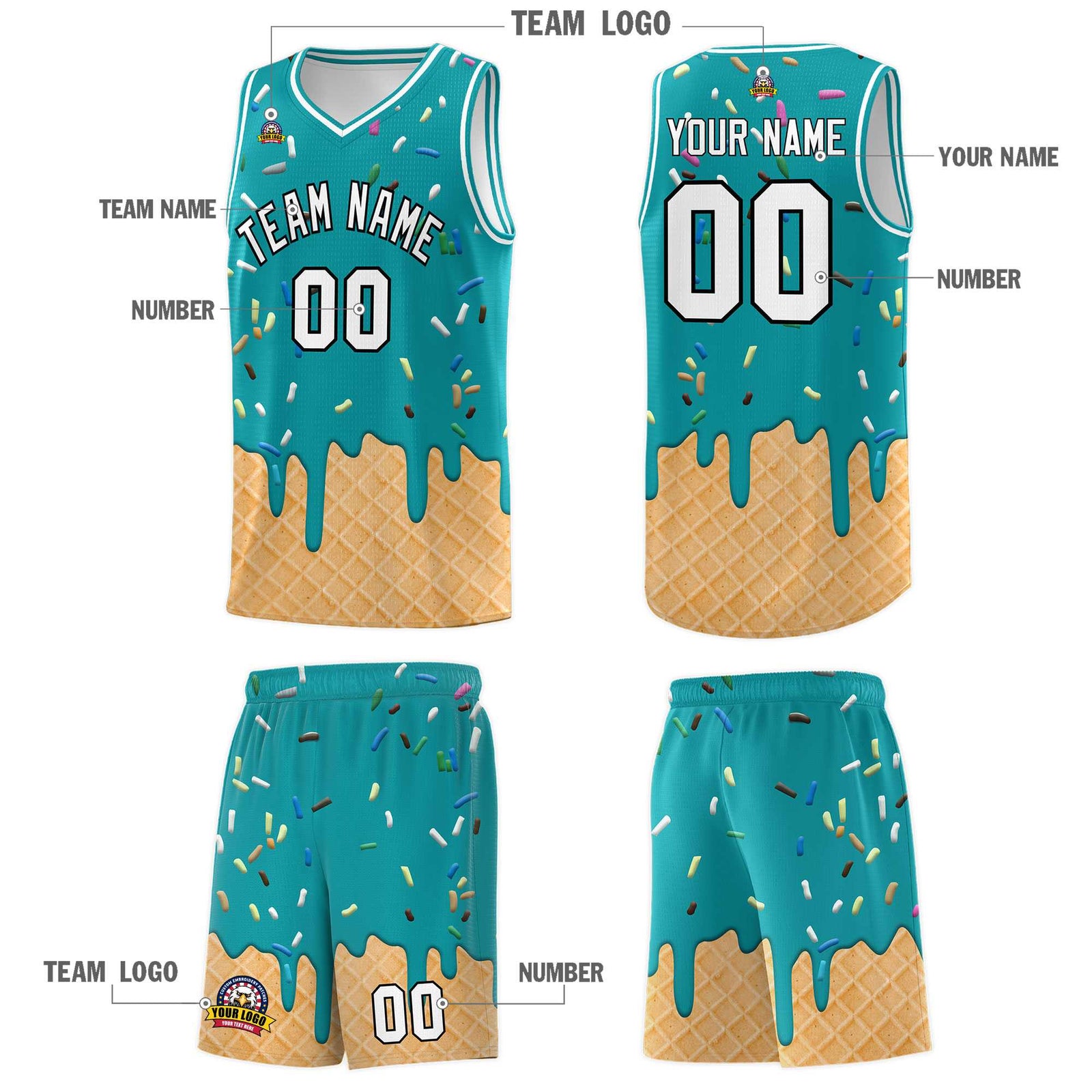 Custom Aqua Basketball Kits with Ice Cream Element Pattern