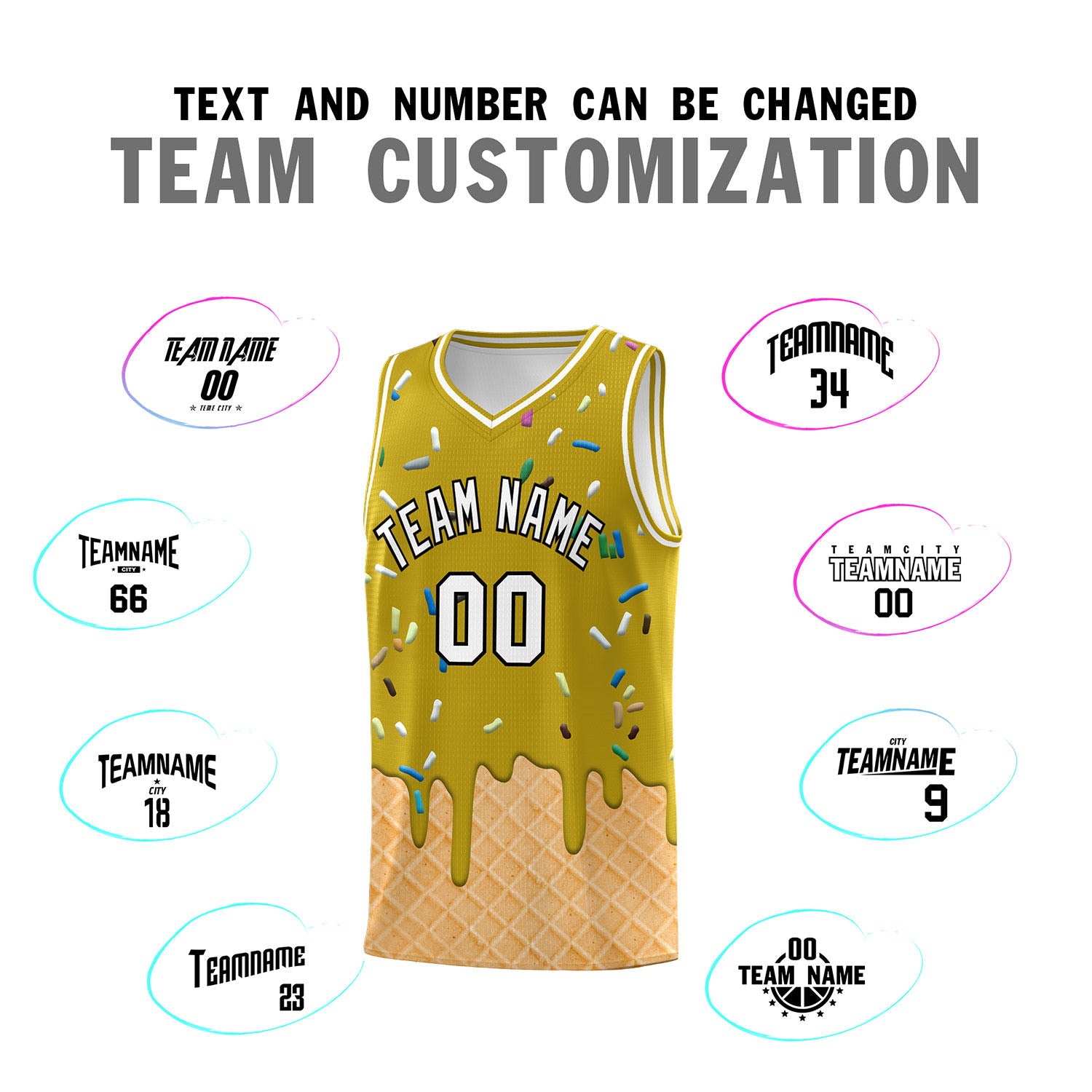 Custom Old Gold Basketball Kits with Ice Cream Element Pattern