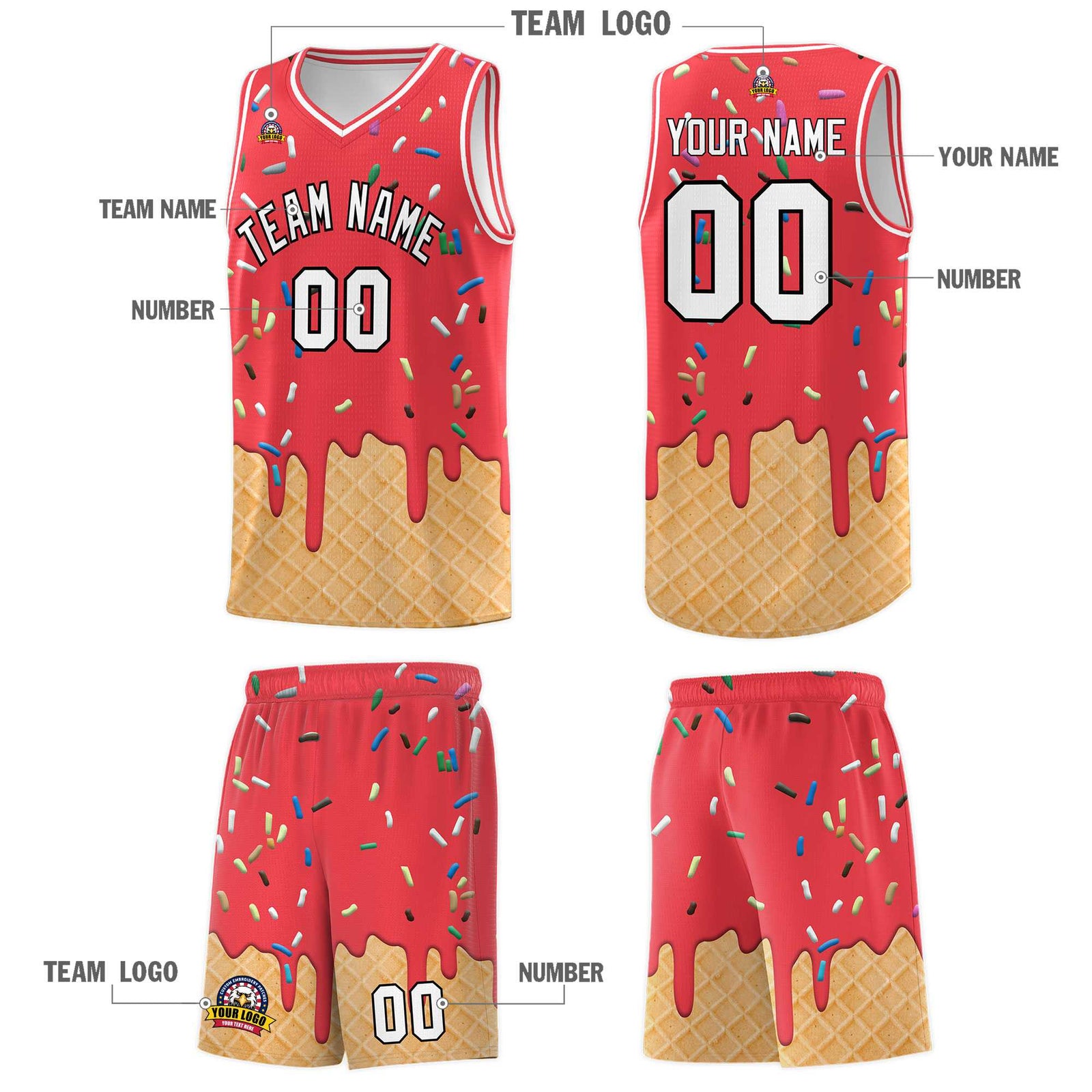 Custom Light Red Basketball Kits with Ice Cream Element Pattern